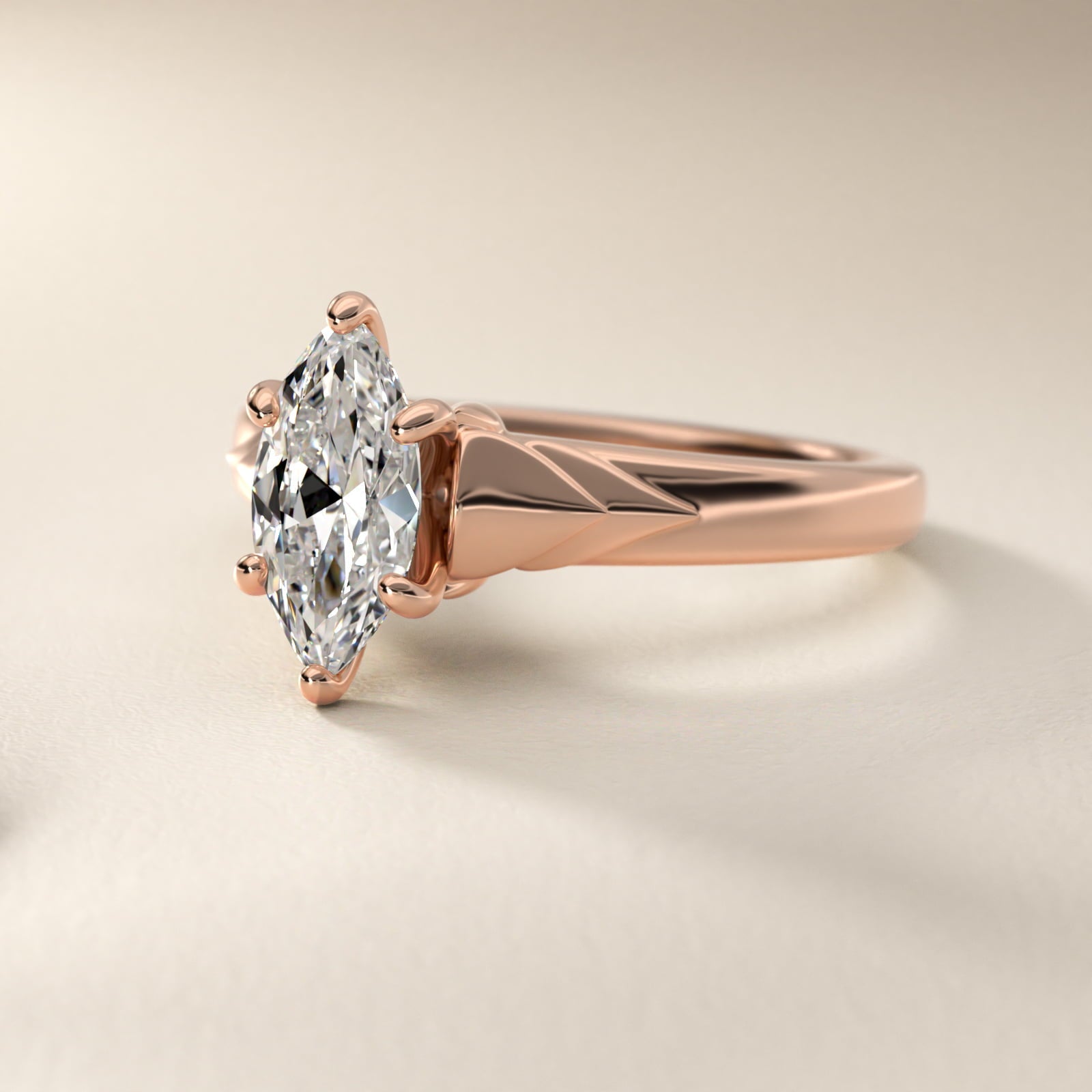 Chevron Solitaire Plus Engagement Ring in 18k Rose Gold - Marquise Center
