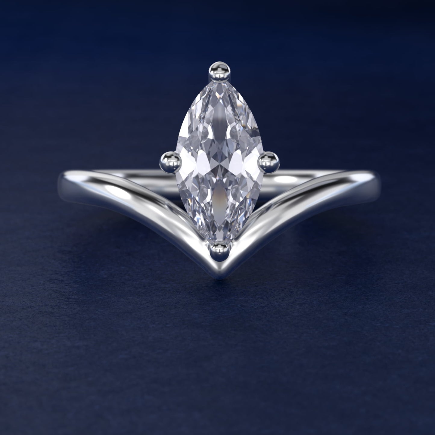 Chevron Solitaire Engagement Ring in 18k White Gold - Marquise Center