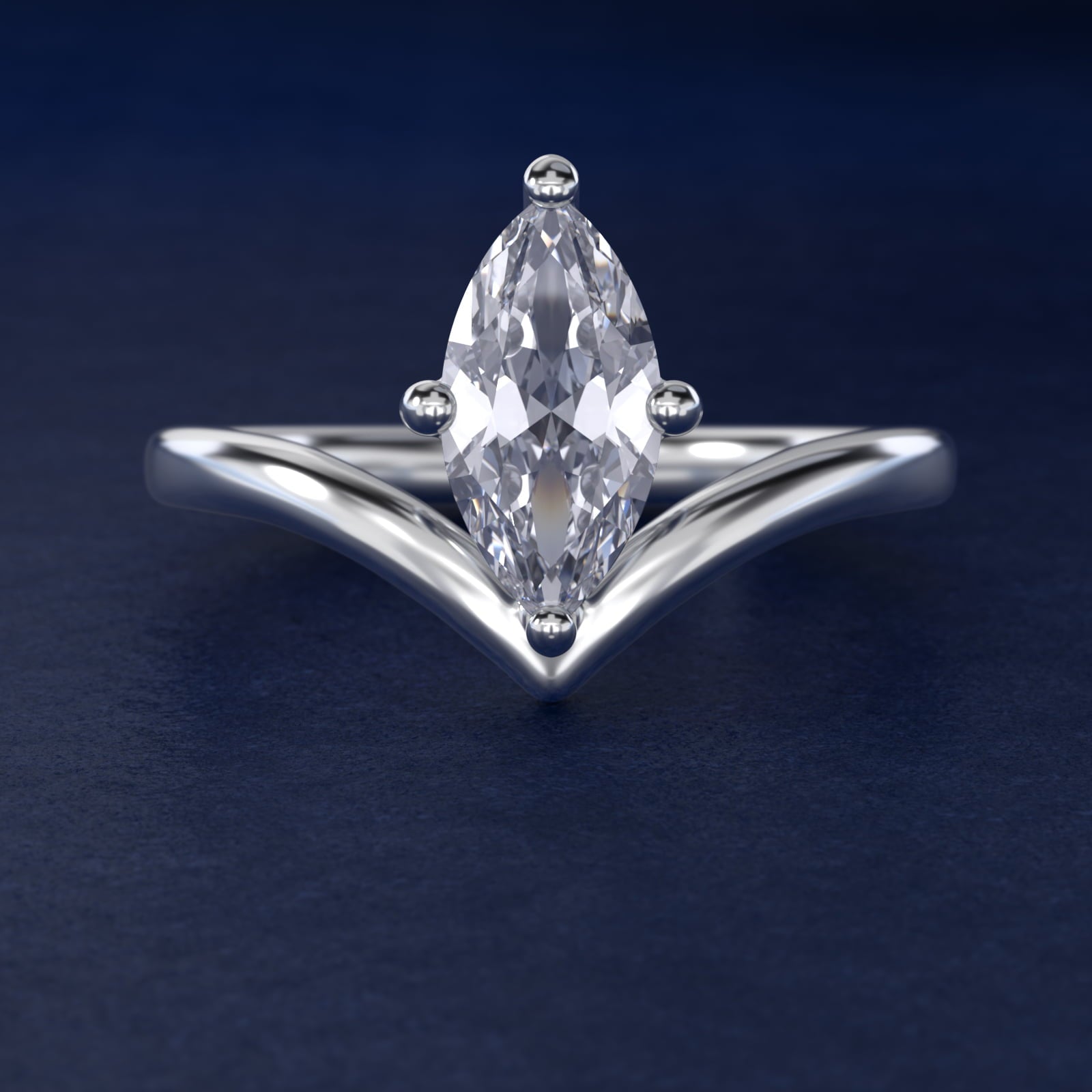 Chevron Solitaire Engagement Ring in 18k White Gold - Marquise Center
