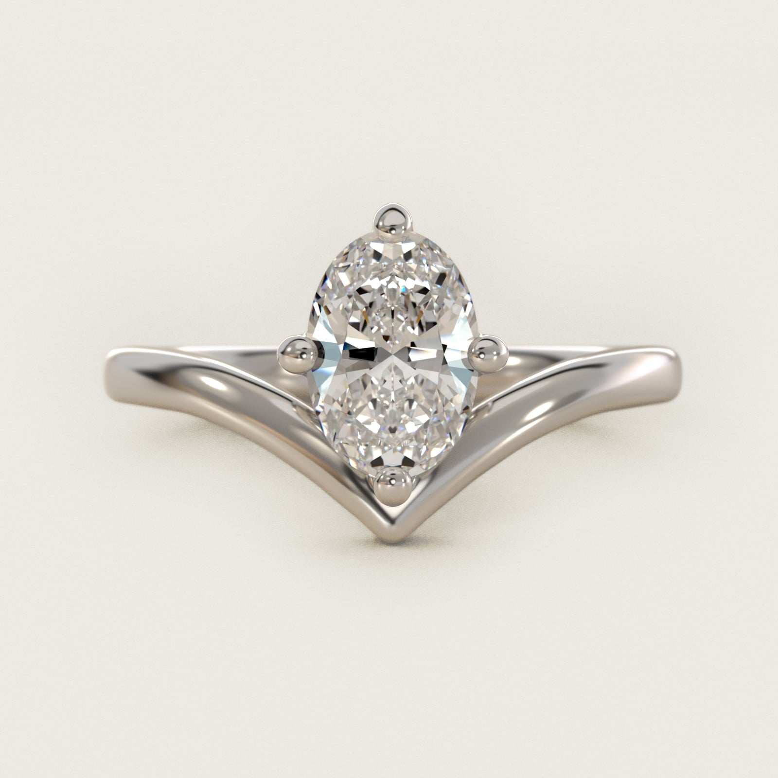 Chevron Solitaire Engagement Ring in 14k White Gold - Oval Center