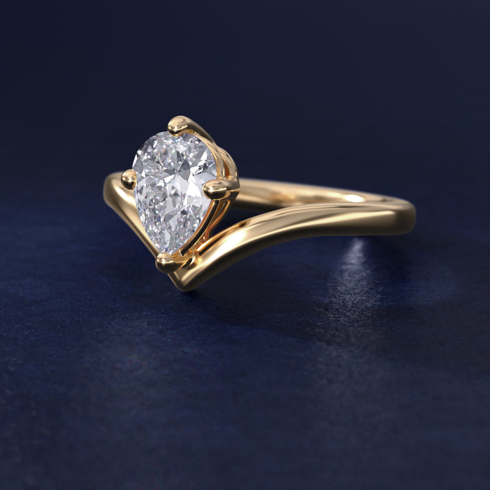 Chevron Solitaire Engagement Ring in 14k Yellow Gold - Pear Center