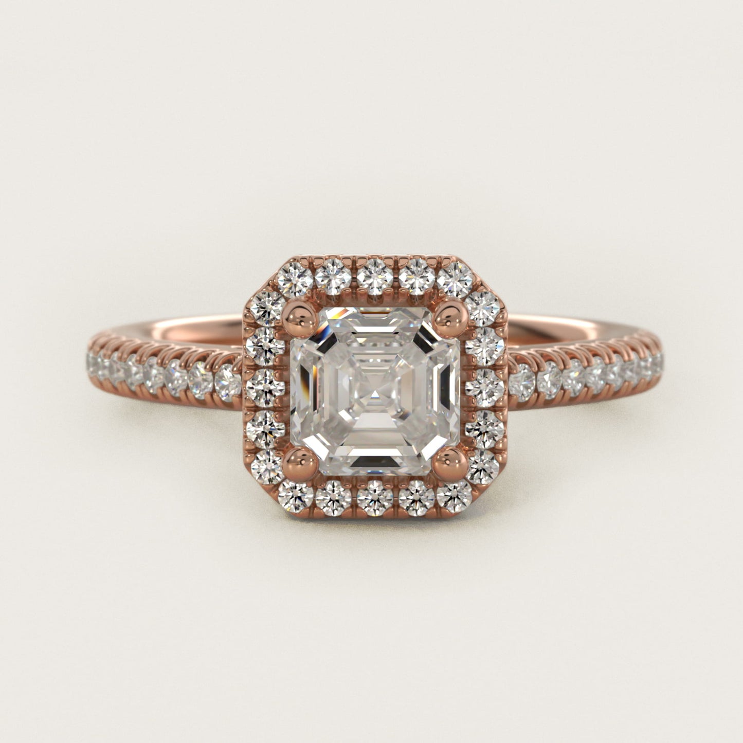 Classic Halo Diamond Engagement Ring in 18k Rose Gold - Asscher Center