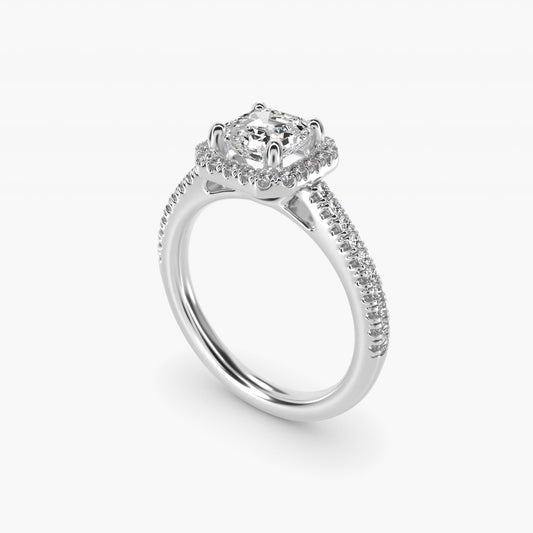 Classic Halo Diamond Engagement Ring in 18k White Gold - Asscher Center
