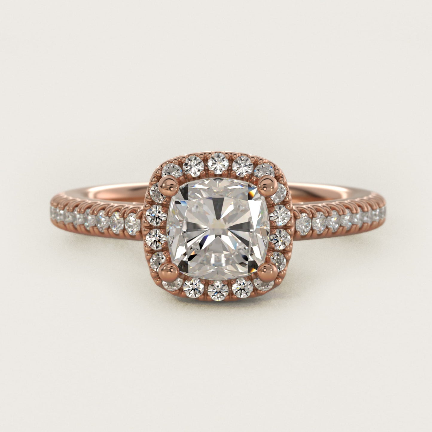 Classic Halo Diamond Engagement Ring in 18k Rose Gold - Cushion Center
