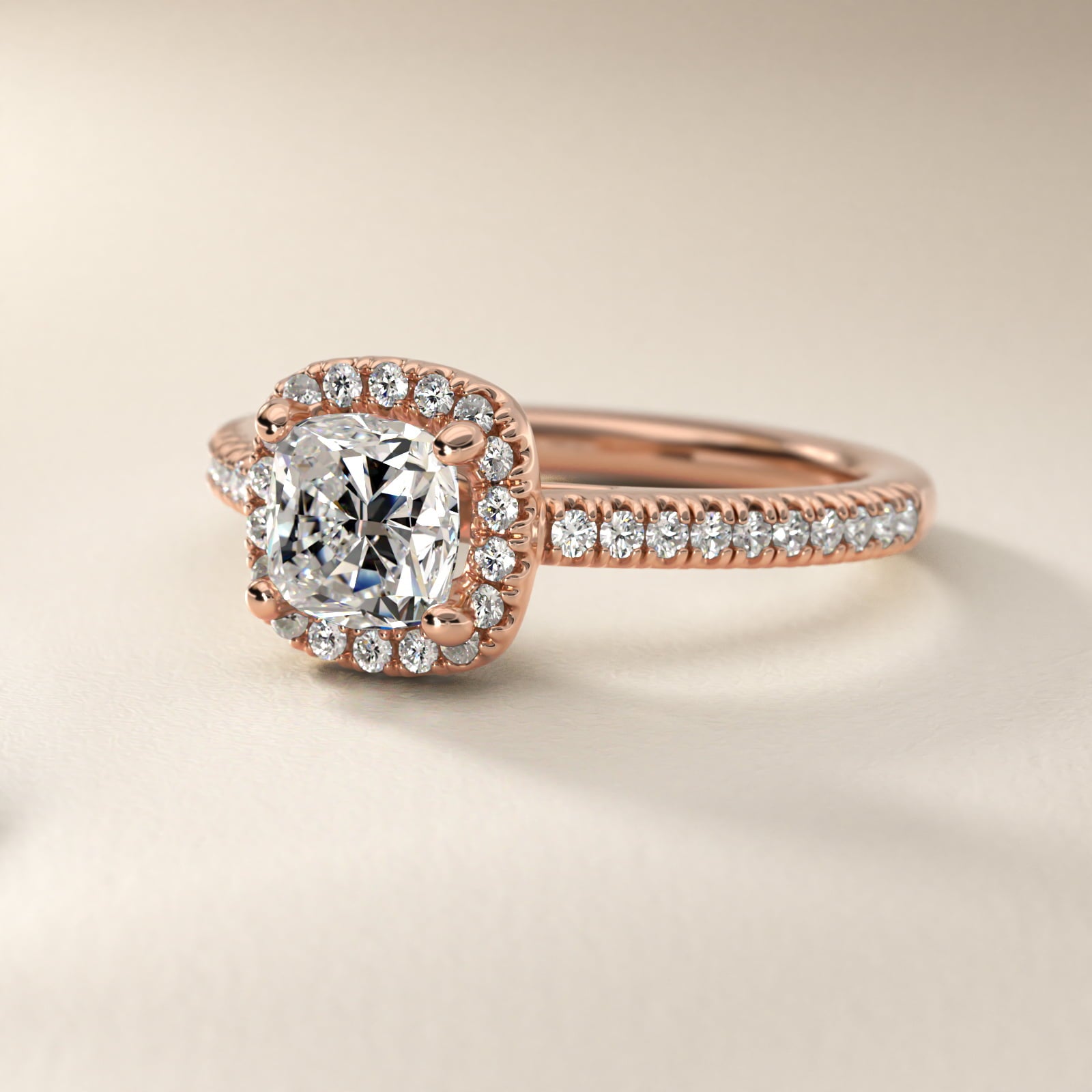 Classic Halo Diamond Engagement Ring in 14k Rose Gold - Cushion Center