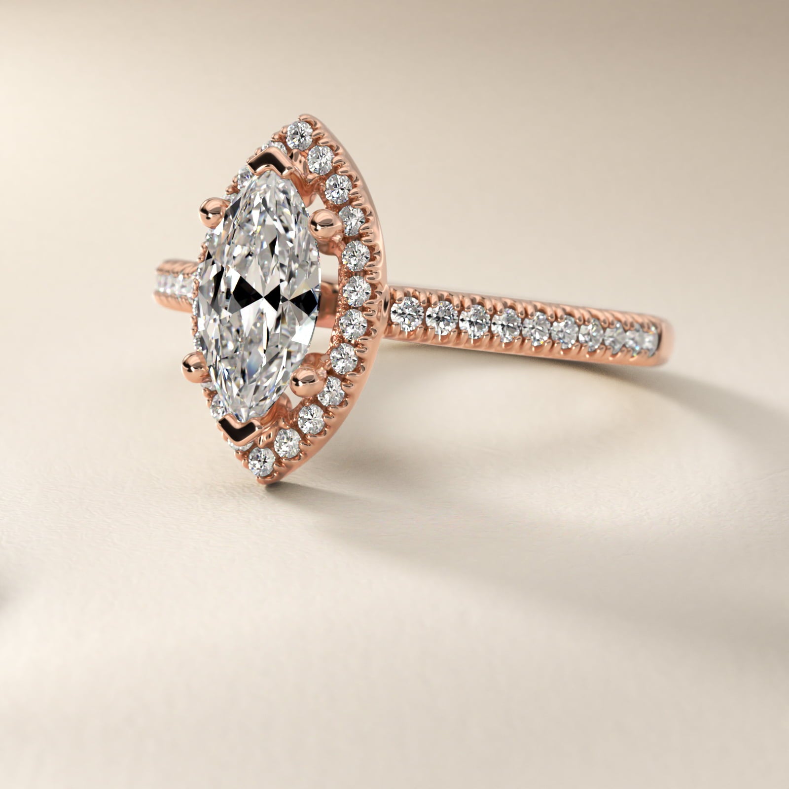 Classic Halo Diamond Engagement Ring in 14k Rose Gold - Marquise Center