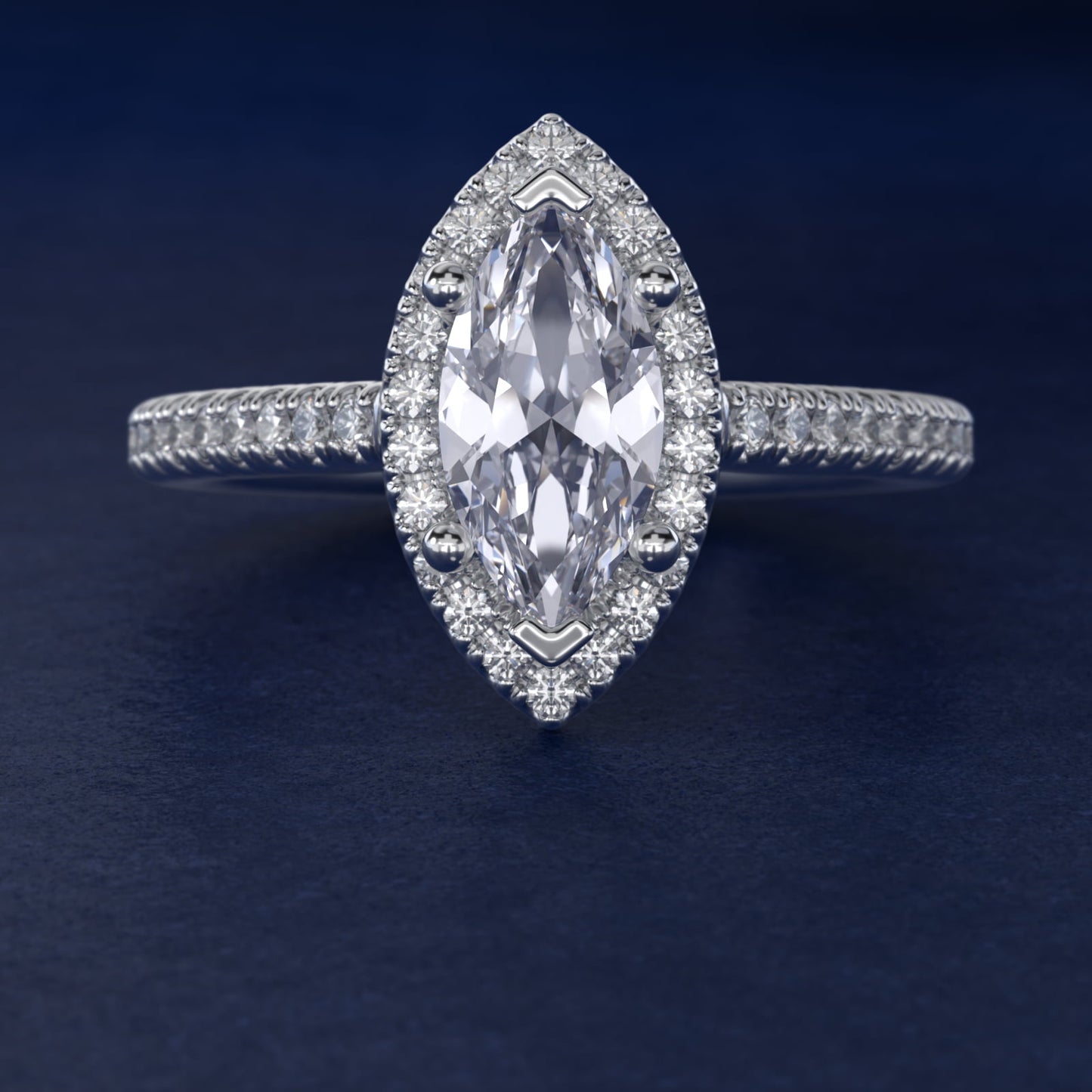 Classic Halo Diamond Engagement Ring in 18k White Gold - Marquise Center
