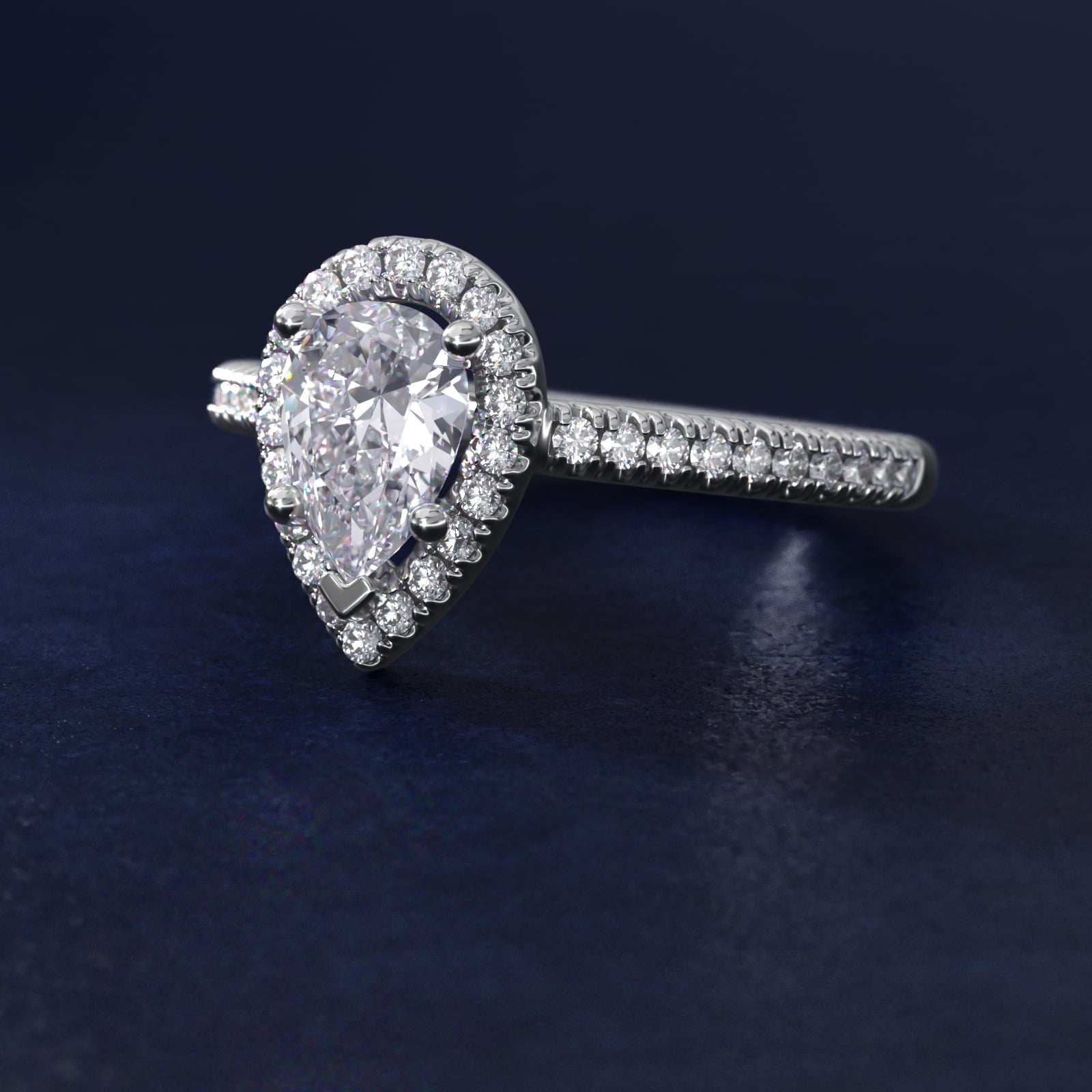 Classic Halo Diamond Engagement Ring in Platinum - Pear Center