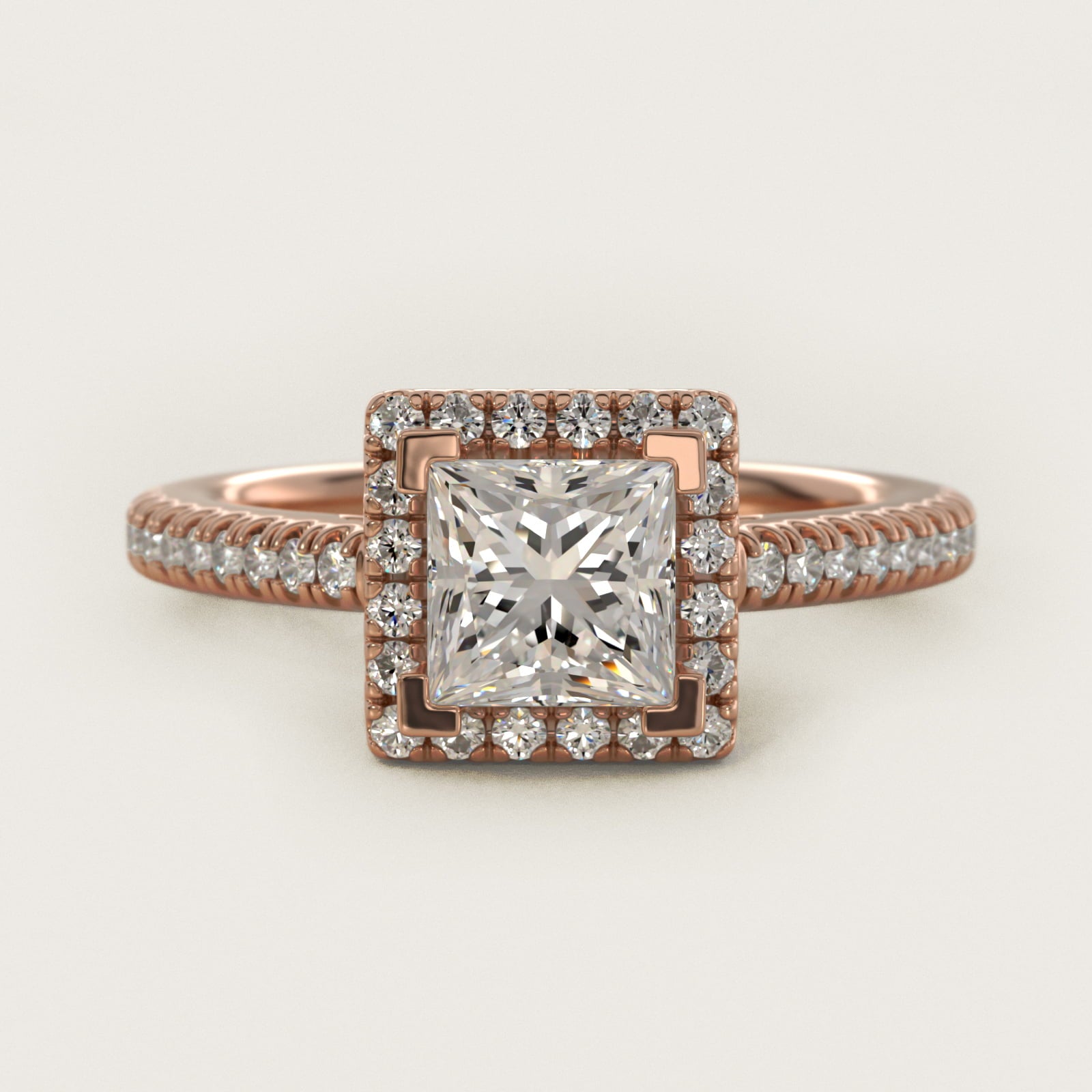 Classic Halo Diamond Engagement Ring in 18k Rose Gold - Princess Center