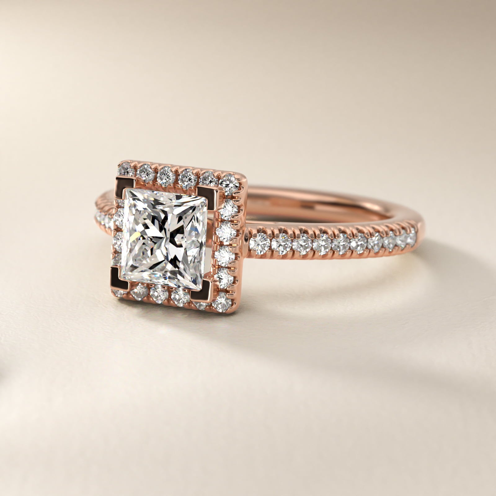 Classic Halo Diamond Engagement Ring in 18k Rose Gold - Princess Center