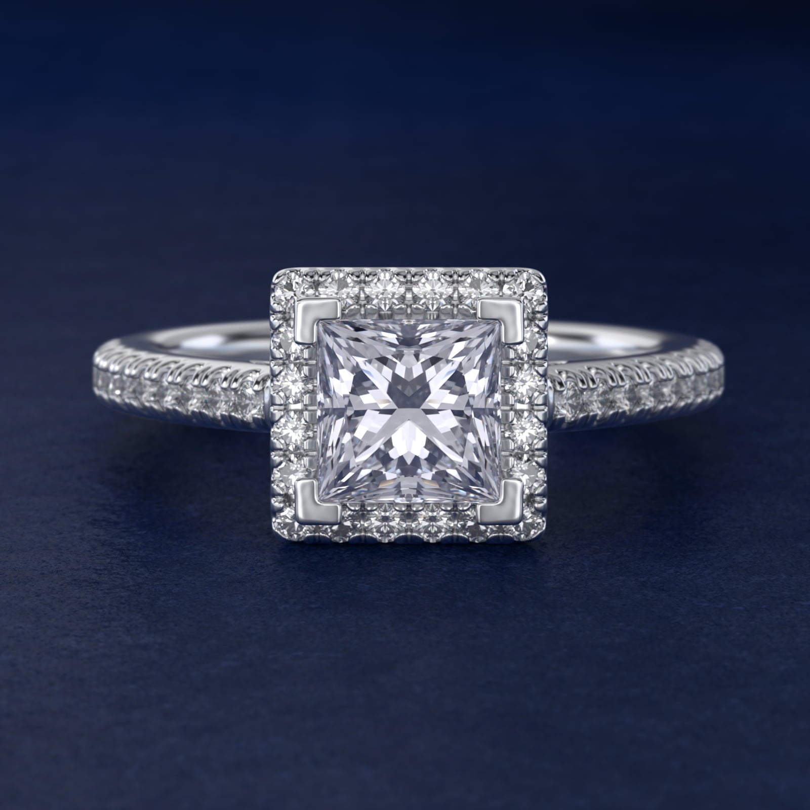 Classic Halo Diamond Engagement Ring in 18k White Gold - Princess Center