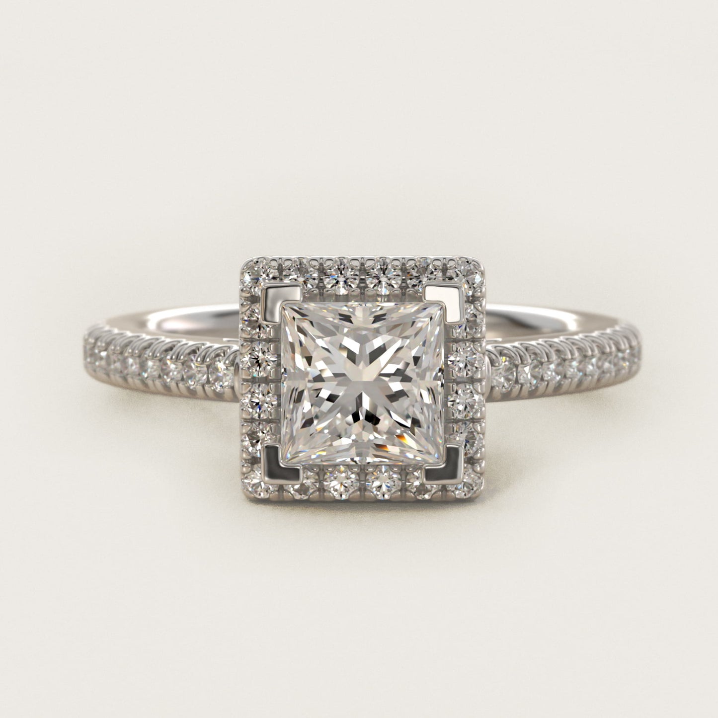 Classic Halo Diamond Engagement Ring in 18k White Gold - Princess Center
