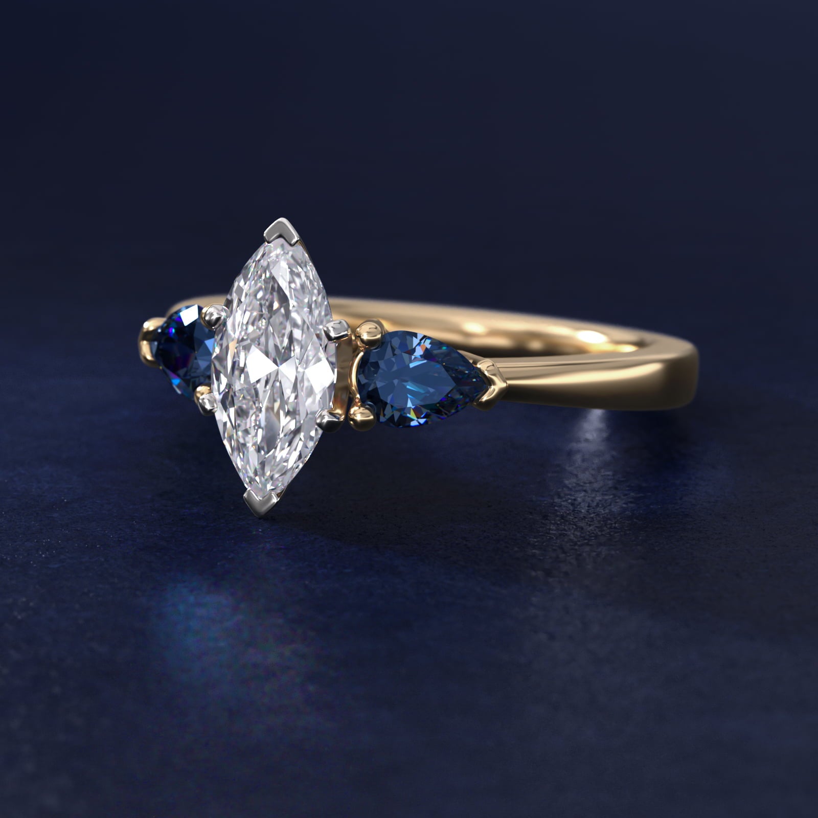 Classic Pear Shaped Sapphire Engagement Ring in 14K Yellow Gold - Marquise Center