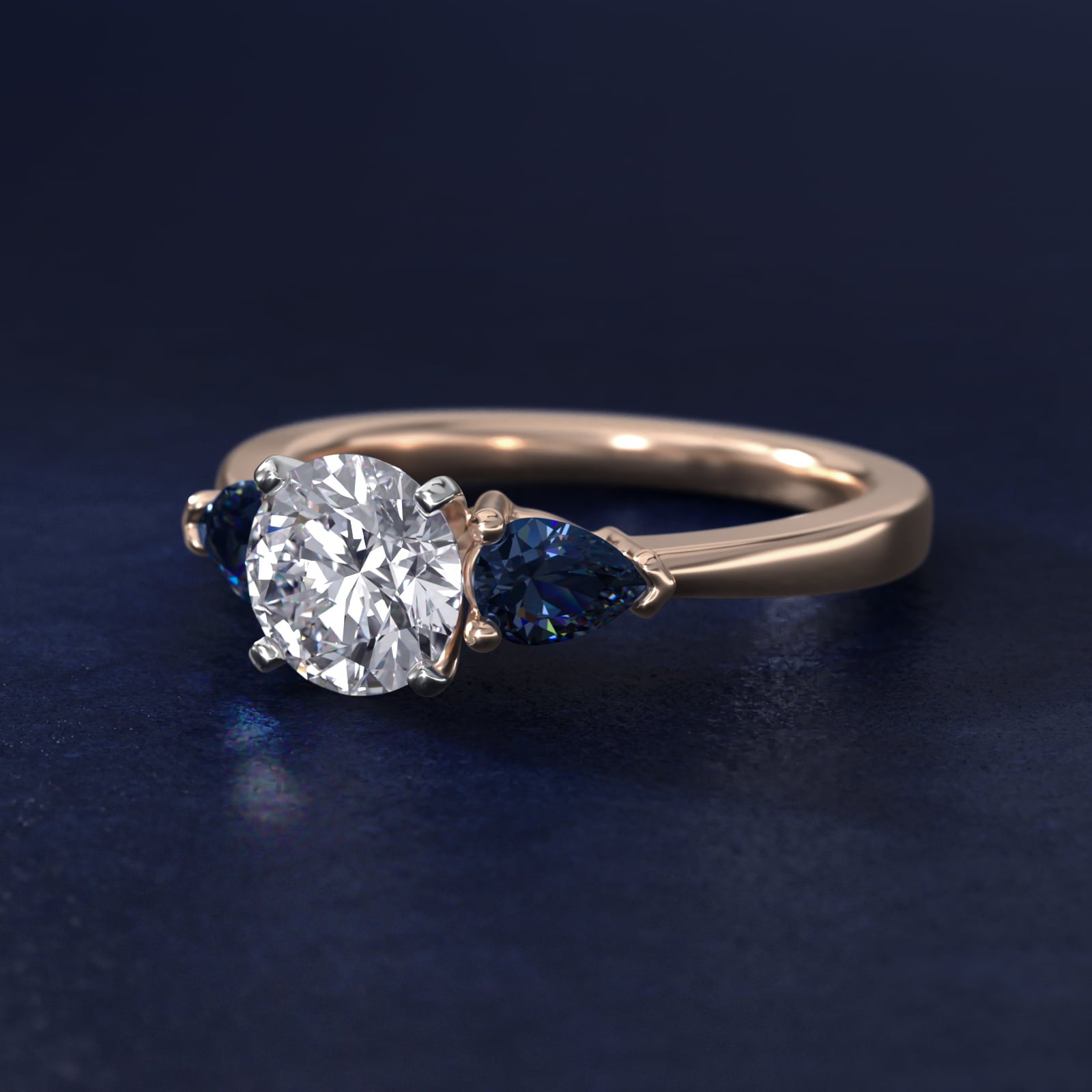 Classic Pear Shaped Sapphire Engagement Ring in 14k Rose Gold - Round Center