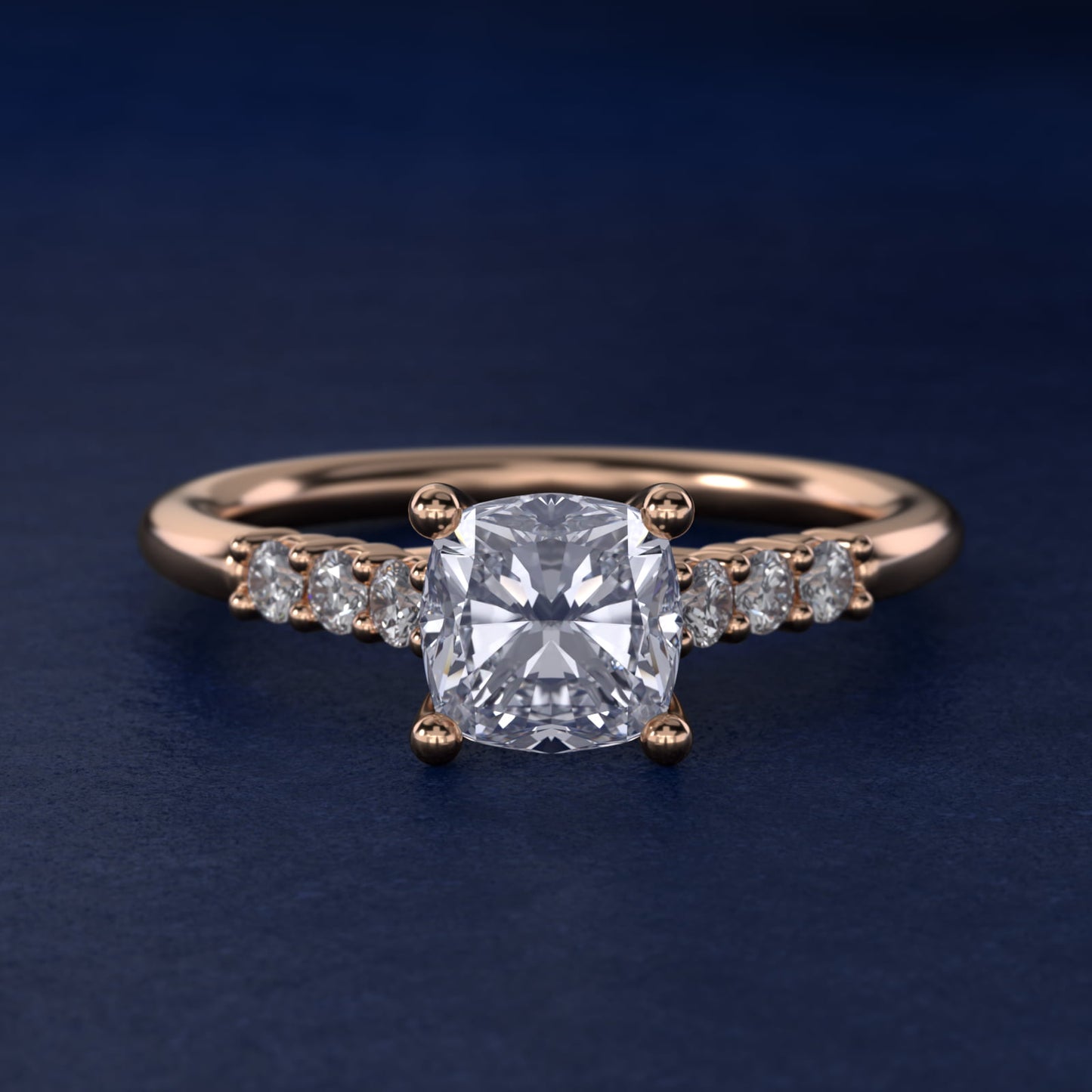 Classic Shared Prong Cathedral Diamond Engagement Ring in 14k Rose Gold - Cushion Center