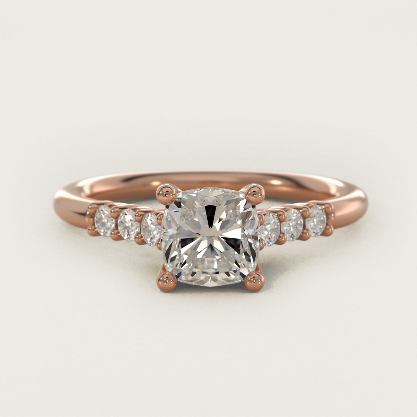 Classic Shared Prong Cathedral Diamond Engagement Ring in 14k Rose Gold - Cushion Center