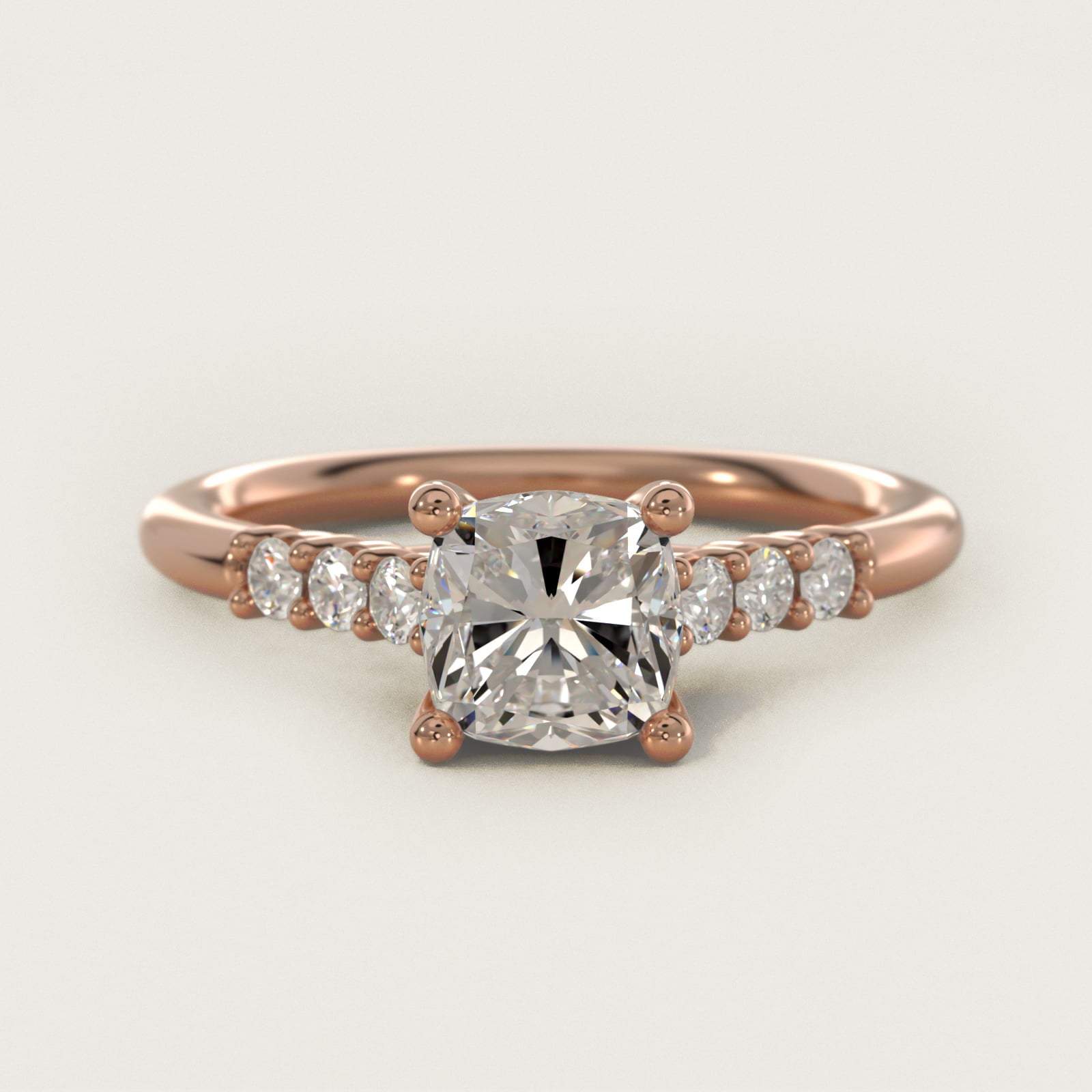 Classic Shared Prong Cathedral Diamond Engagement Ring in 14k Rose Gold - Cushion Center