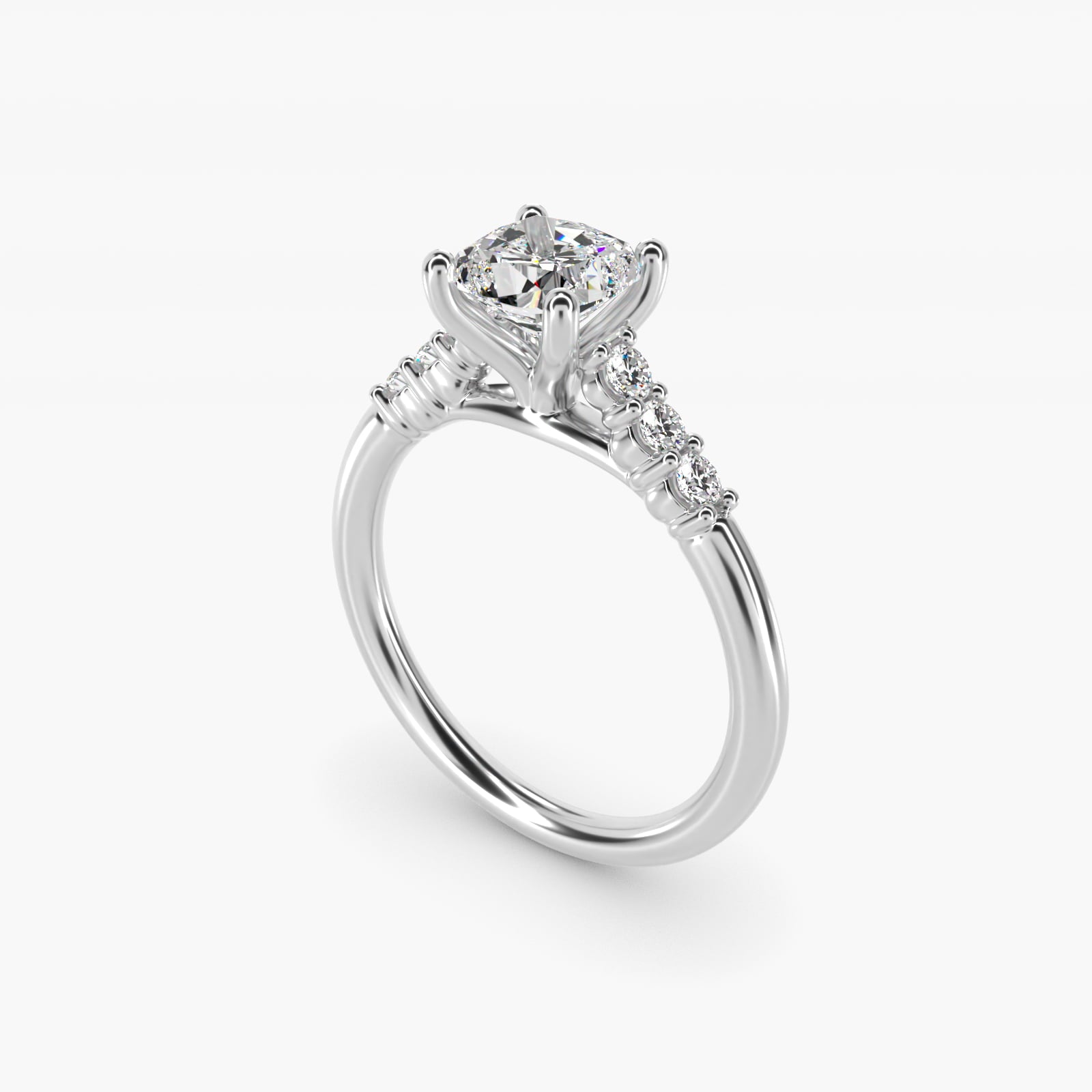 Classic Shared Prong Cathedral Diamond Engagement Ring in 14k White Gold - Cushion Center