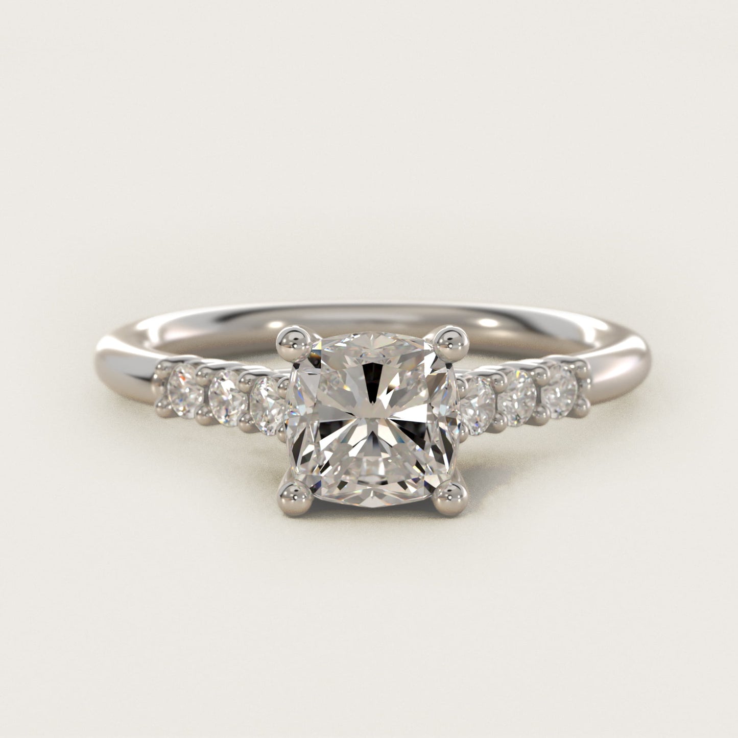 Classic Shared Prong Cathedral Diamond Engagement Ring in 14k White Gold - Cushion Center