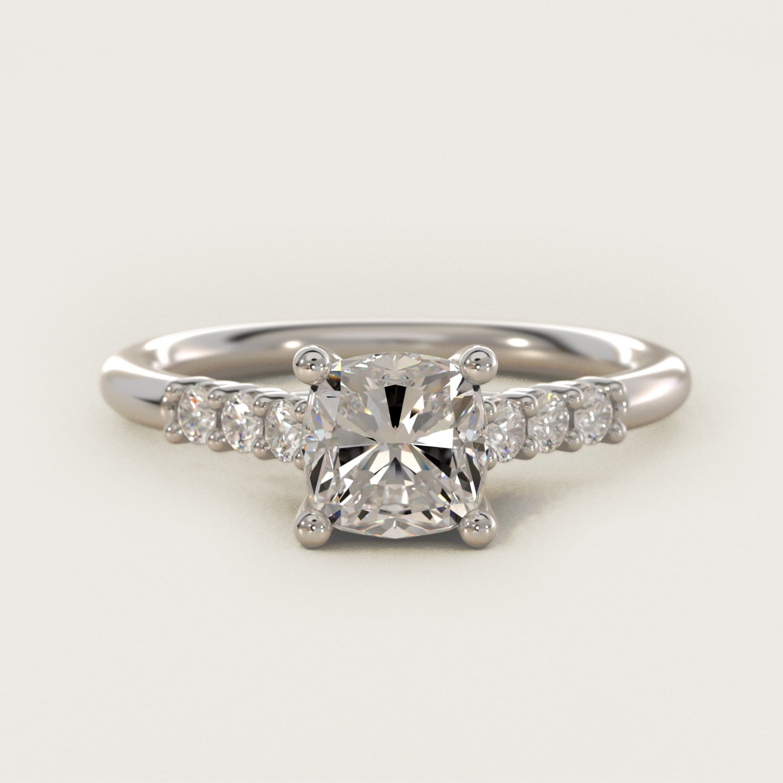 Classic Shared Prong Cathedral Diamond Engagement Ring in 14k White Gold - Cushion Center
