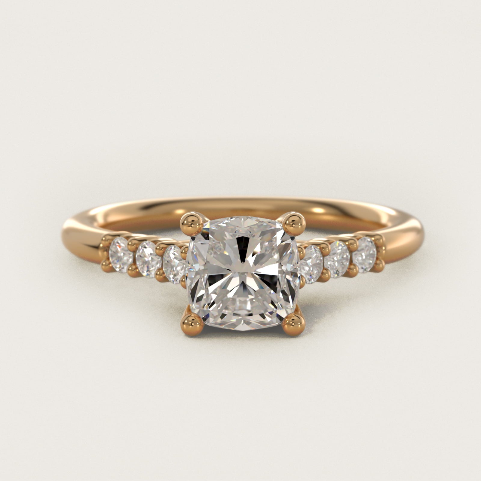 Classic Shared Prong Cathedral Diamond Engagement Ring in 14k Yellow Gold - Cushion Center