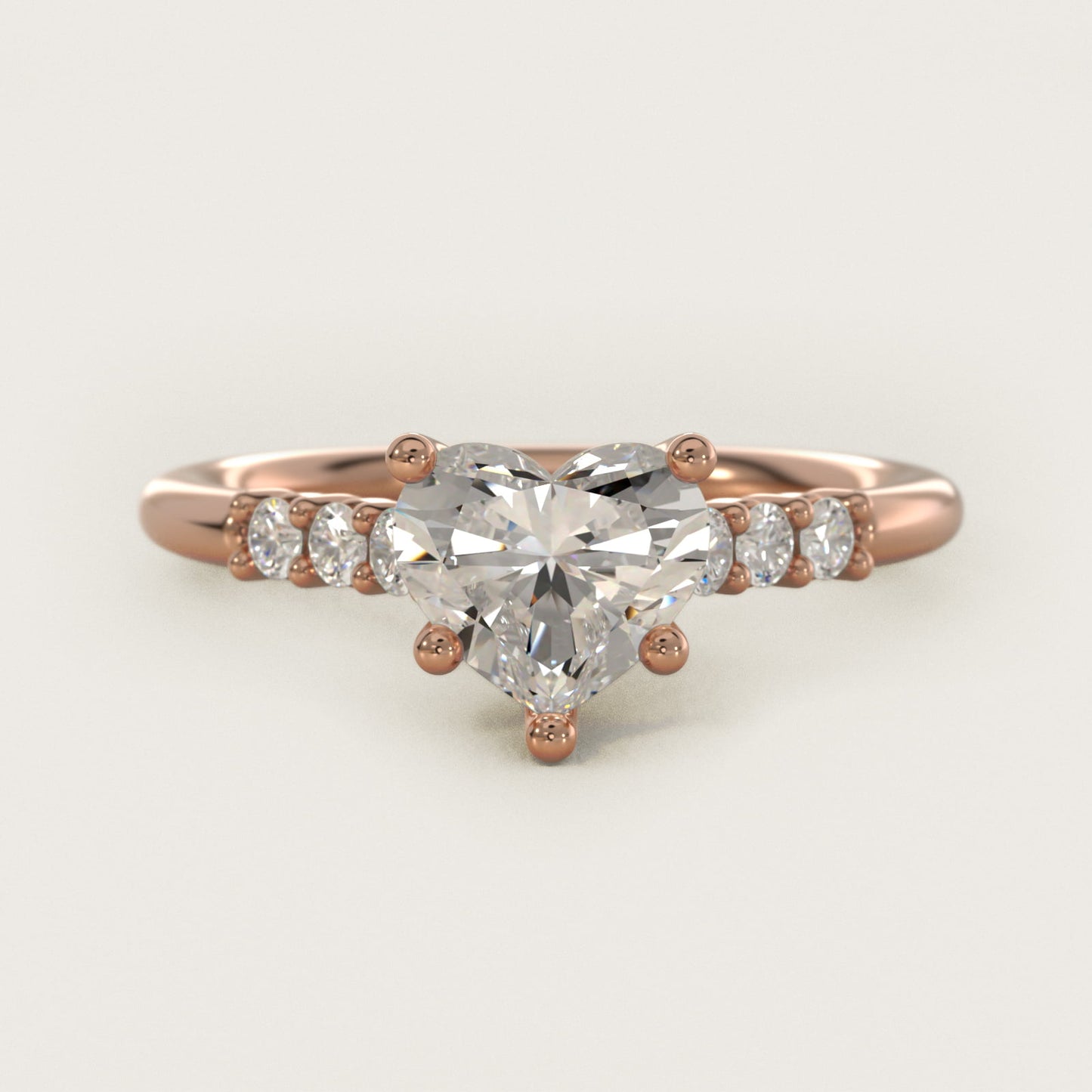 Classic Shared Prong Cathedral Diamond Engagement Ring in 14k Rose Gold - Heart Center