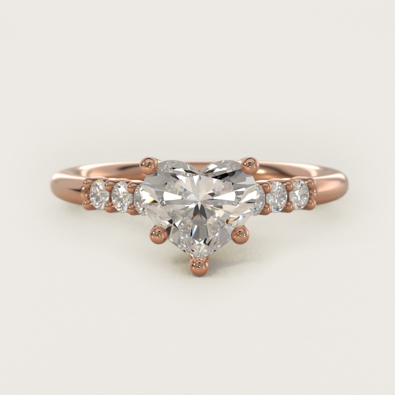 Classic Shared Prong Cathedral Diamond Engagement Ring in 14k Rose Gold - Heart Center