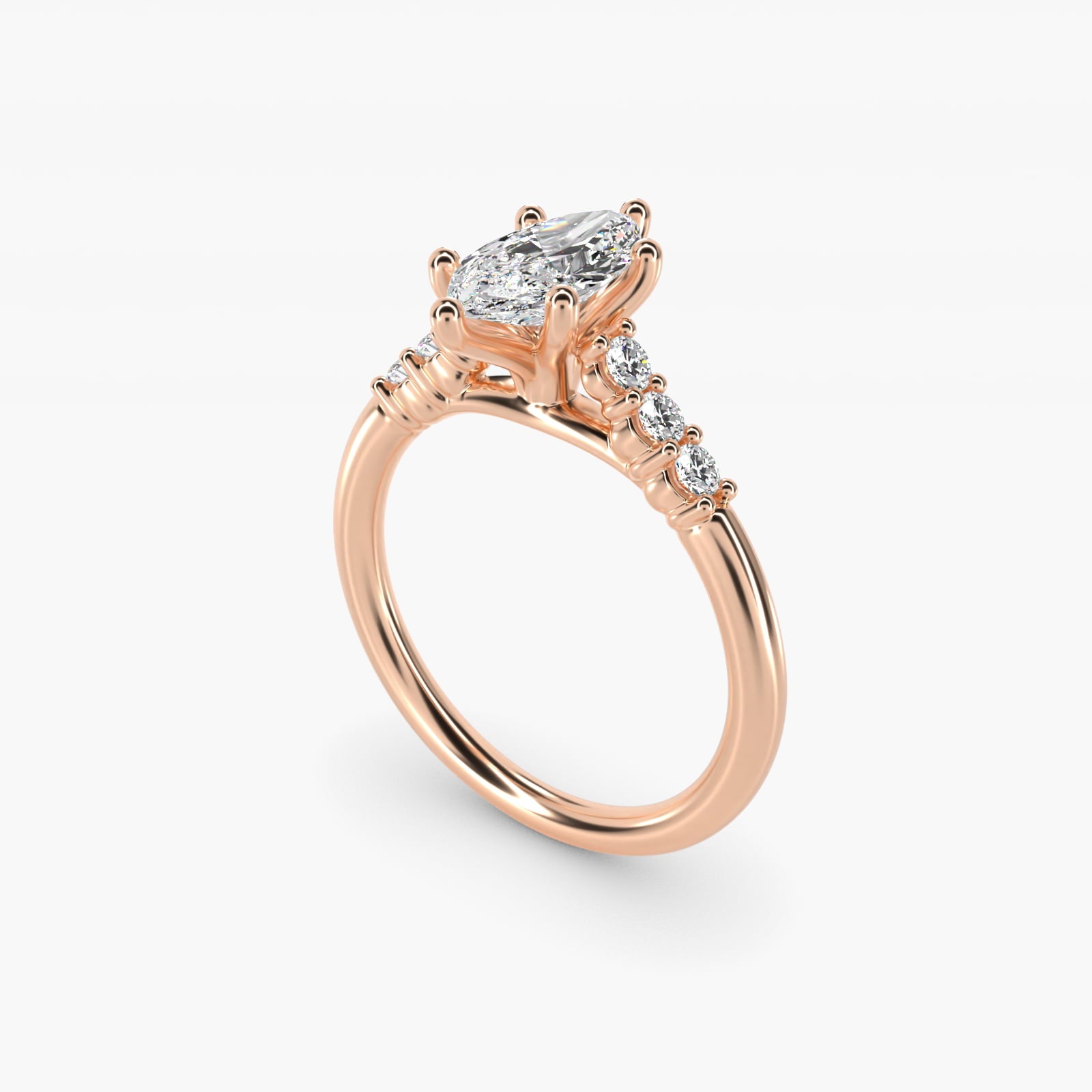 Classic Shared Prong Cathedral Diamond Engagement Ring in 14k Rose Gold - Marquise Center