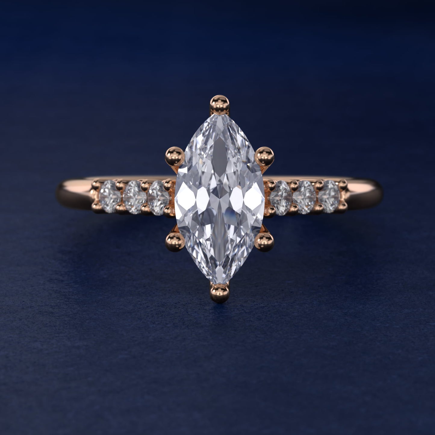Classic Shared Prong Cathedral Diamond Engagement Ring in 14k Rose Gold - Marquise Center