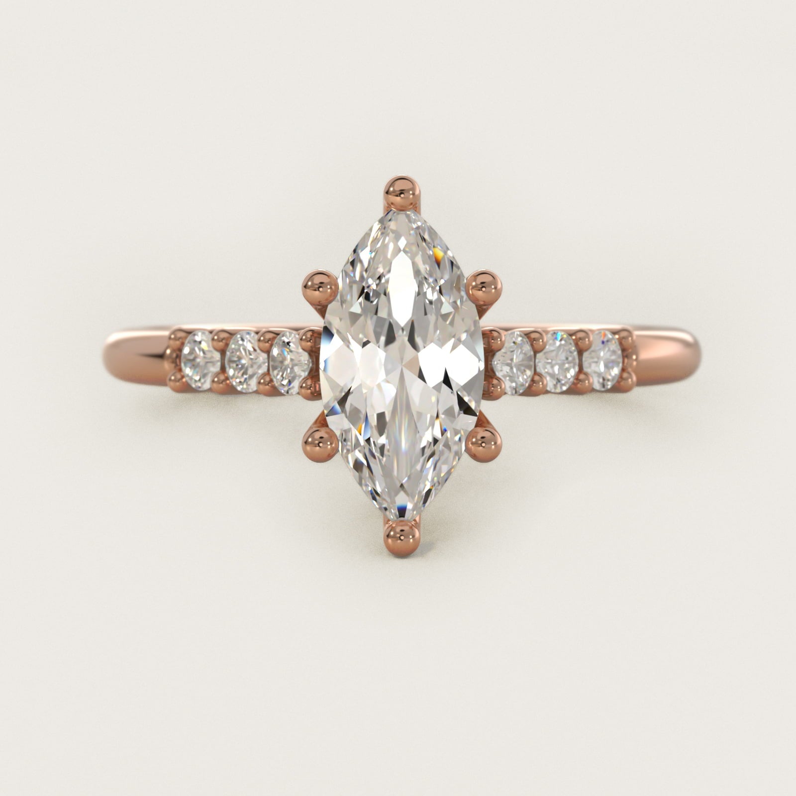 Classic Shared Prong Cathedral Diamond Engagement Ring in 14k Rose Gold - Marquise Center