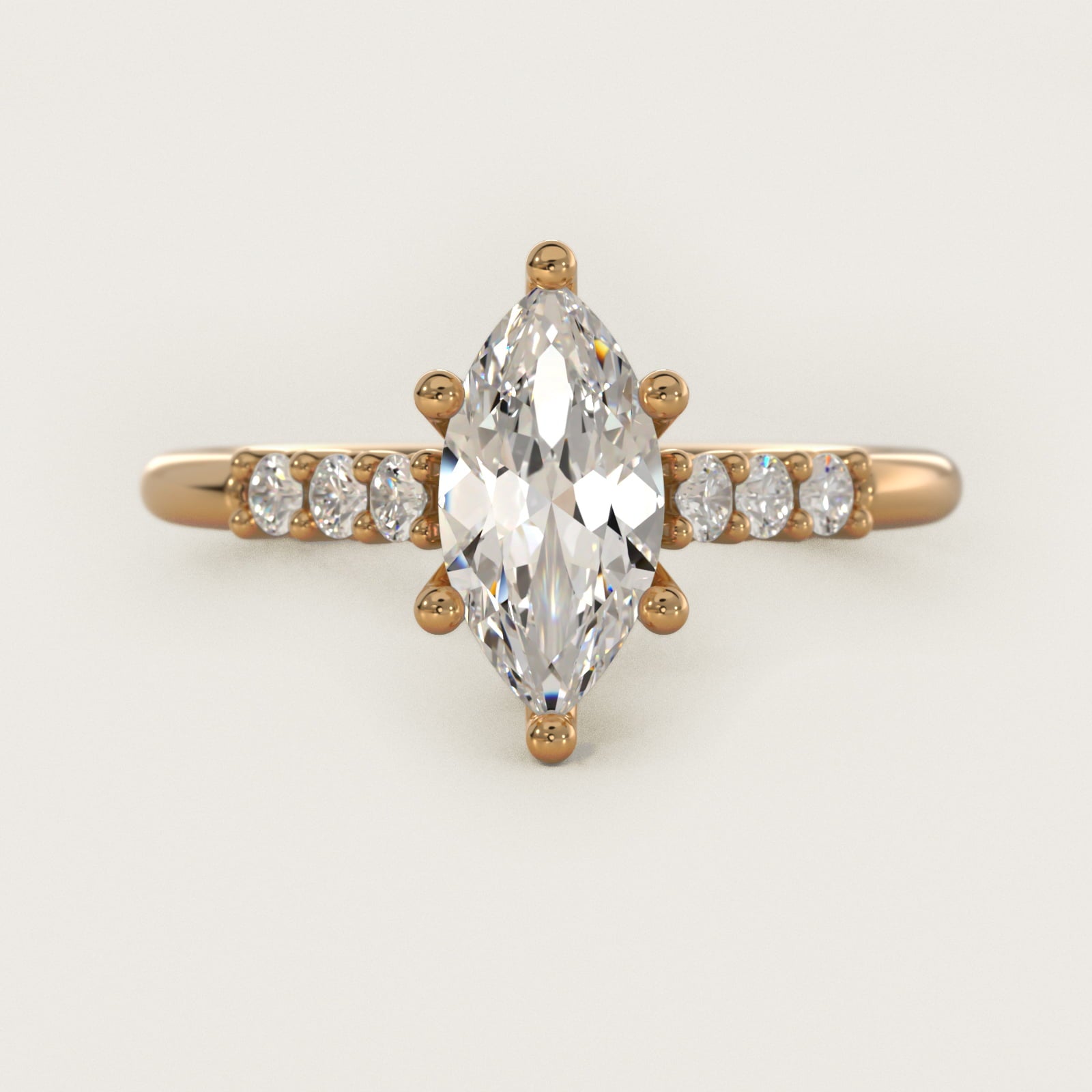 Classic Shared Prong Cathedral Diamond Engagement Ring in 14k Yellow Gold - Marquise Center