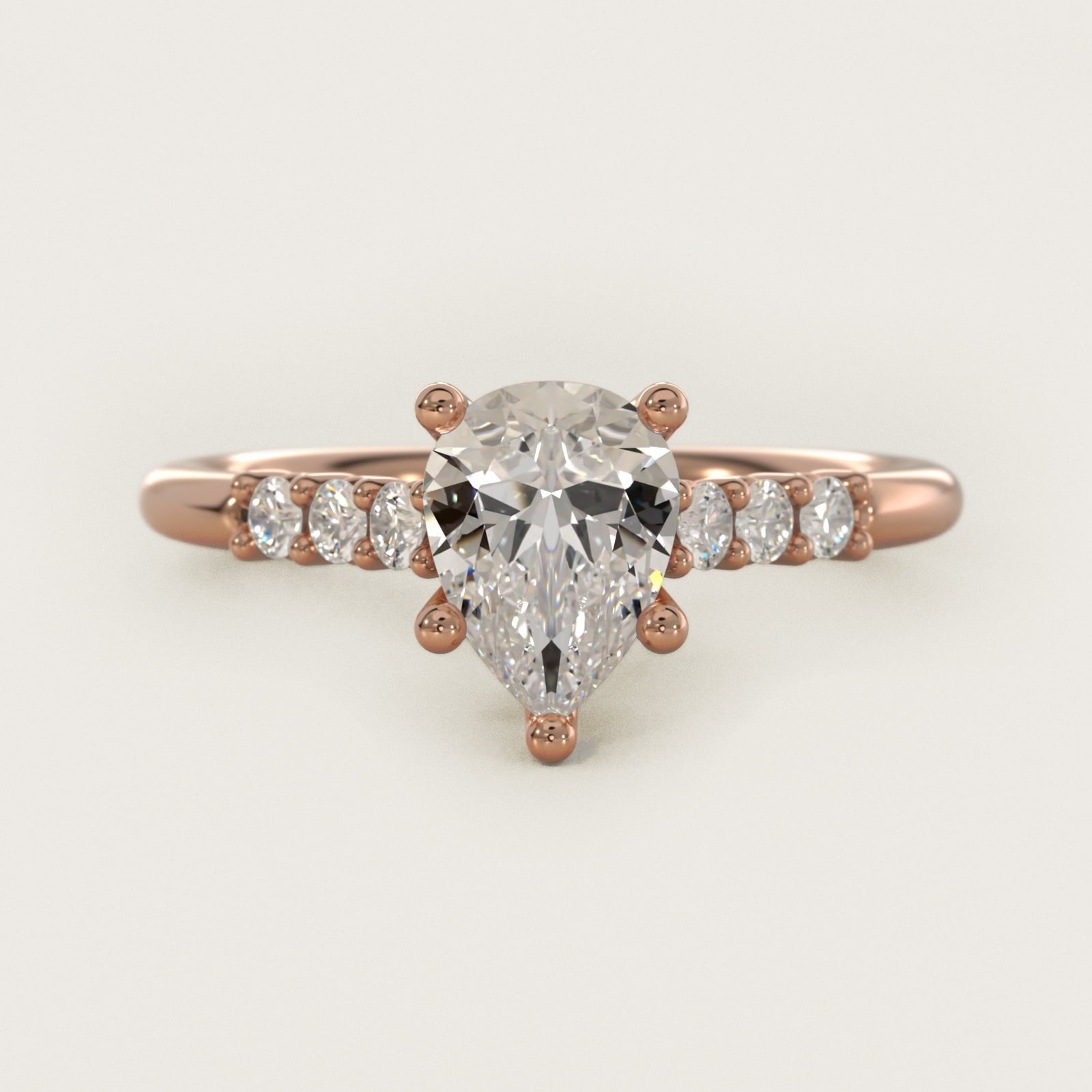 Classic Shared Prong Cathedral Diamond Engagement Ring in 14k Rose Gold - Pear Center