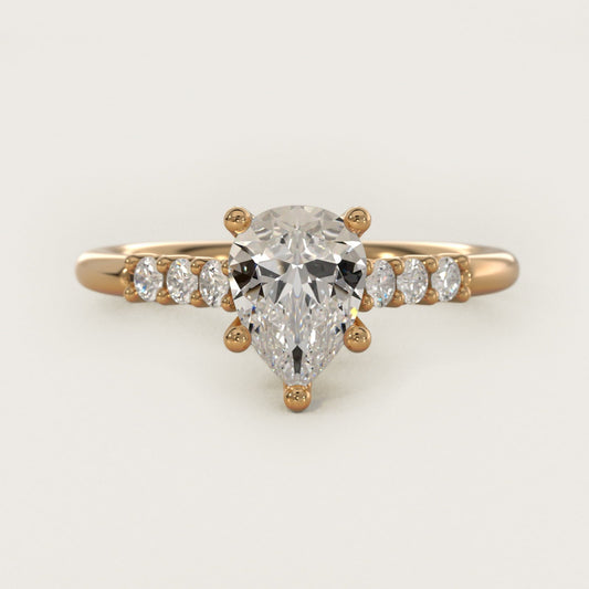 Classic Shared Prong Cathedral Diamond Engagement Ring in 18k Yellow Gold - Pear Center