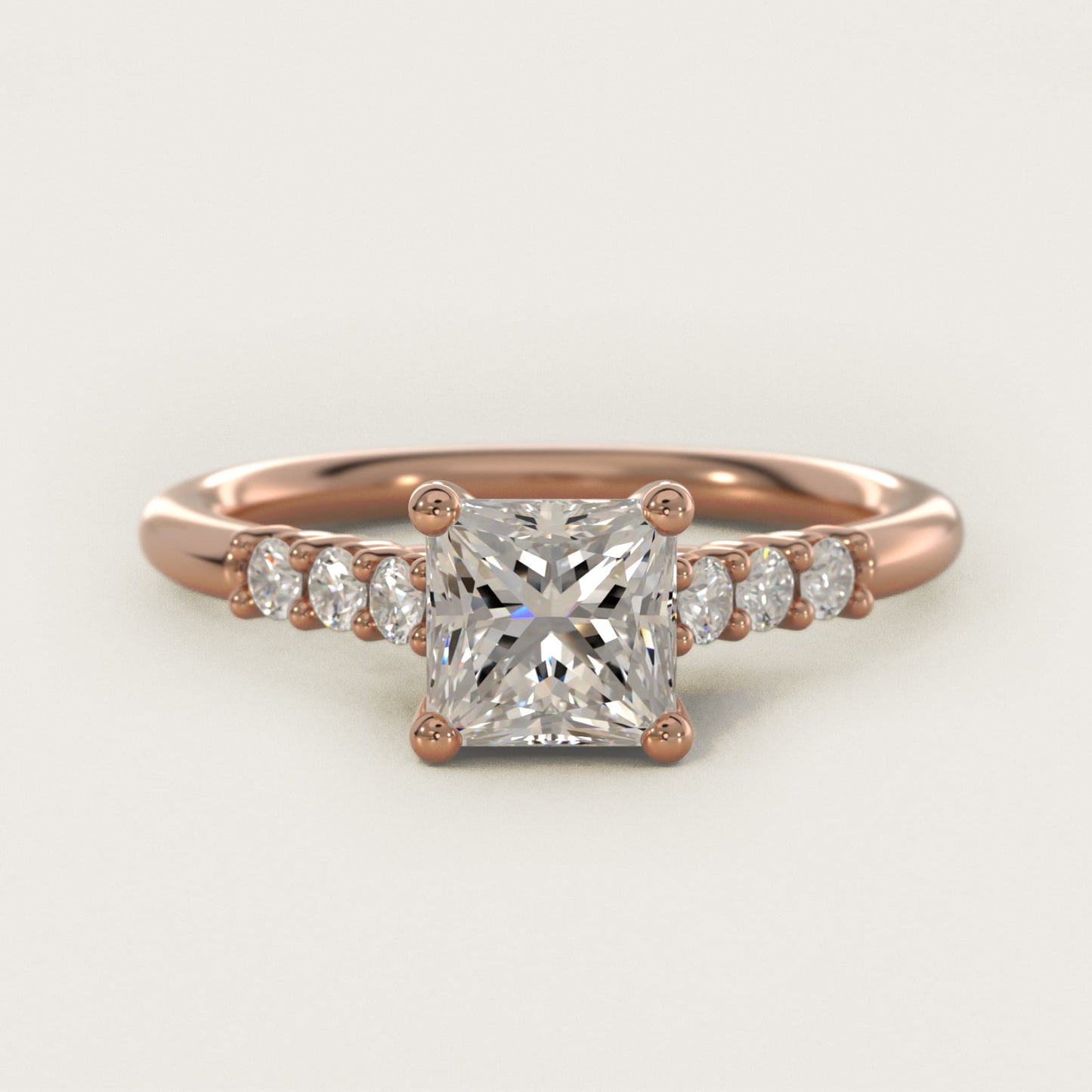 Classic Shared Prong Cathedral Diamond Engagement Ring in 14k Rose Gold - Princess Center