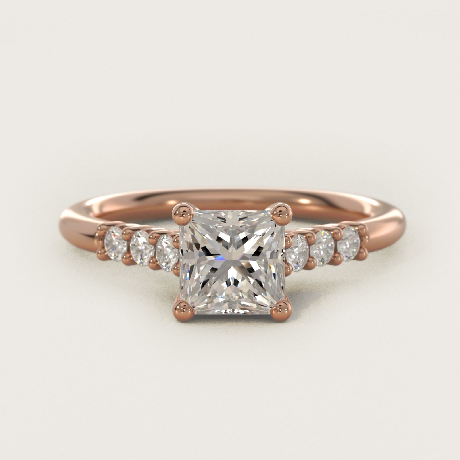 Classic Shared Prong Cathedral Diamond Engagement Ring in 14k Rose Gold - Princess Center