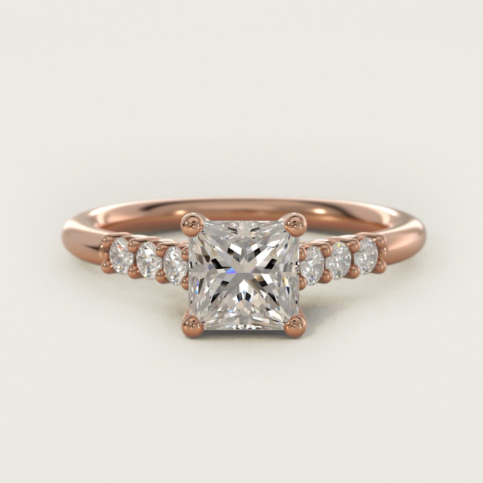 Classic Shared Prong Cathedral Diamond Engagement Ring in 18k Rose Gold - Princess Center