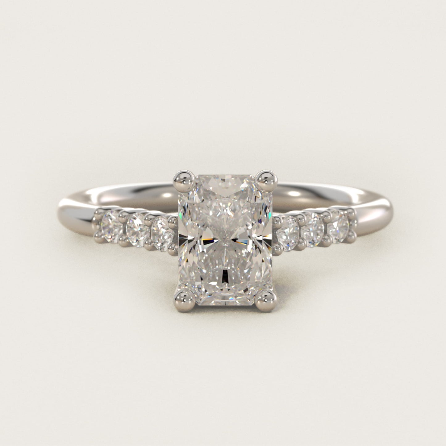Classic Shared Prong Cathedral Diamond Engagement Ring in 14k White Gold - Radiant Center