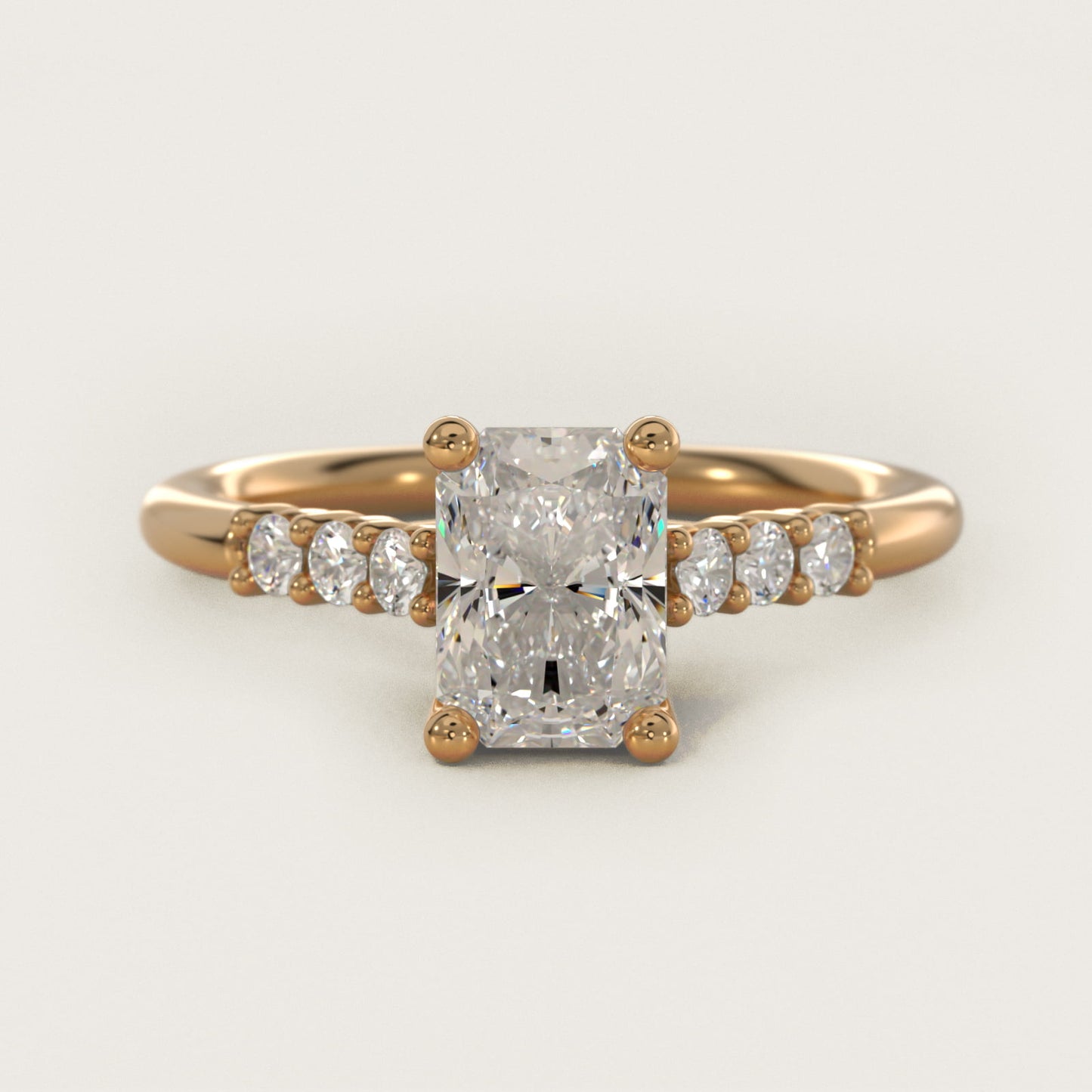 Classic Shared Prong Cathedral Diamond Engagement Ring in 14k Yellow Gold - Radiant Center