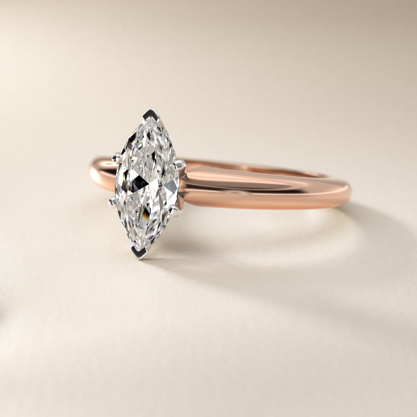 Classic Simple Solitaire Engagement Ring in 18k Rose Gold - Marquise Center