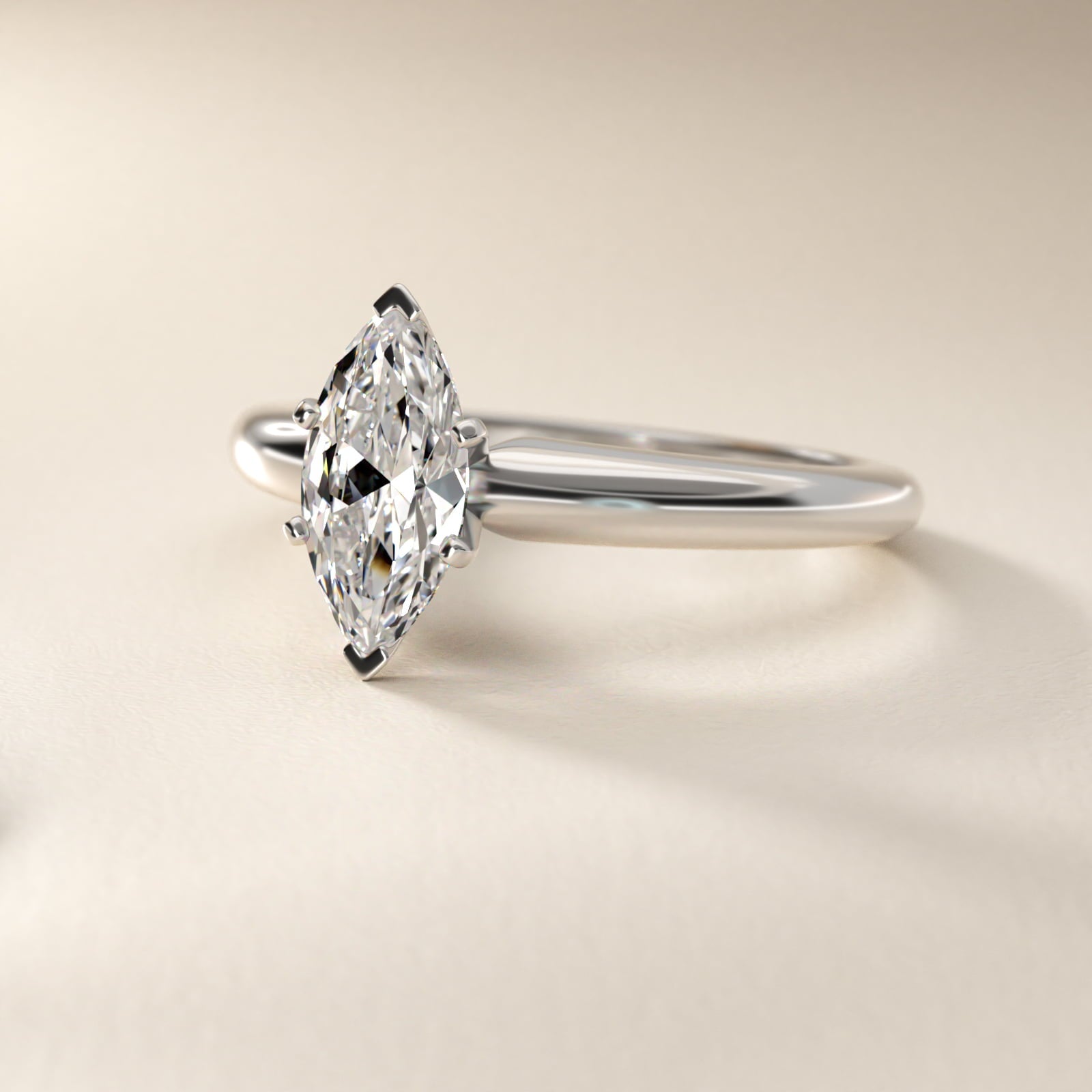 Classic Simple Solitaire Engagement Ring in 18k White Gold - Marquise Center