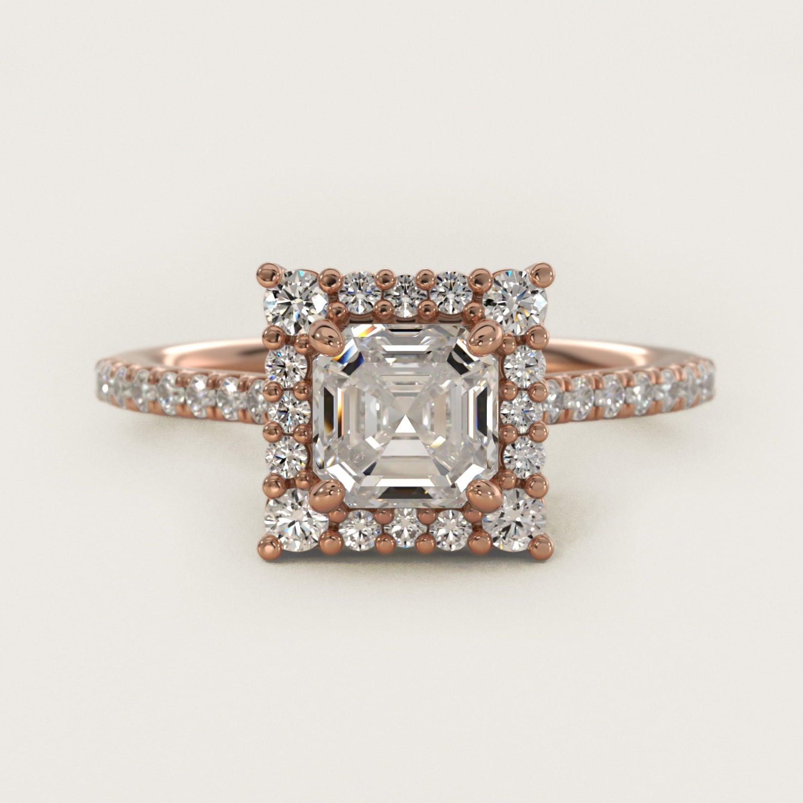 Crescendo Halo Diamond Engagement Ring in 18k Rose Gold - Asscher Center