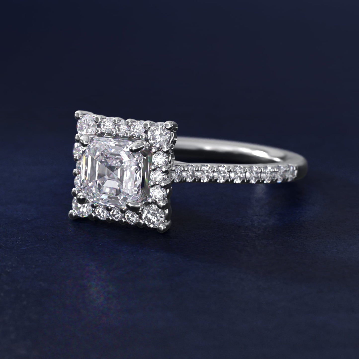 Crescendo Halo Diamond Engagement Ring in 14K White Gold - Asscher Center