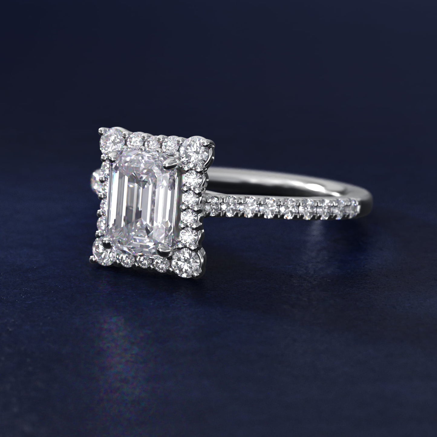 Crescendo Halo Diamond Engagement Ring in 14K White Gold - Emerald Center
