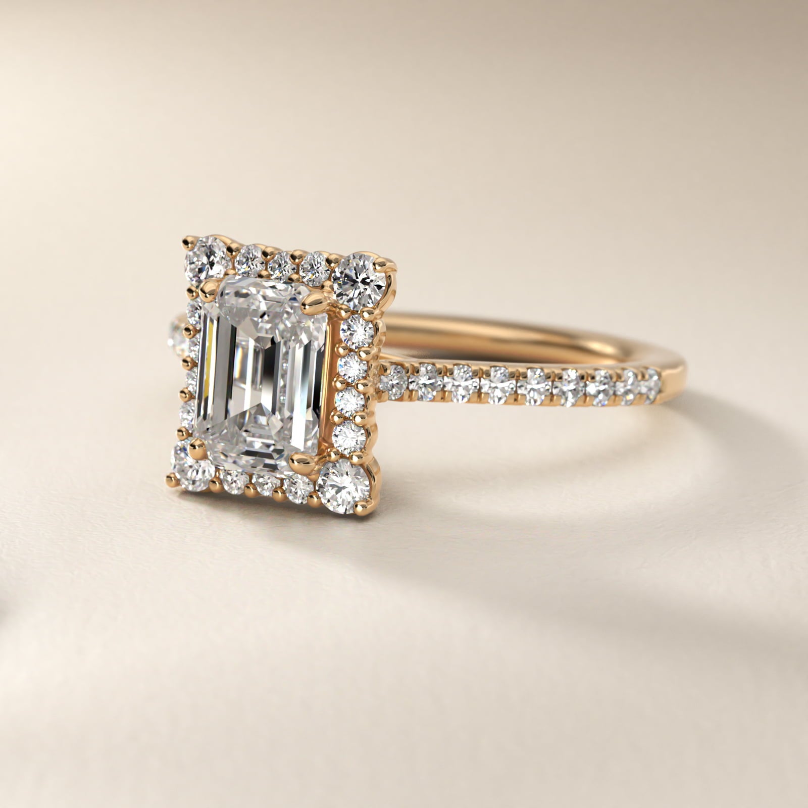 Crescendo Halo Diamond Engagement Ring in 18k Yellow Gold - Emerald Center