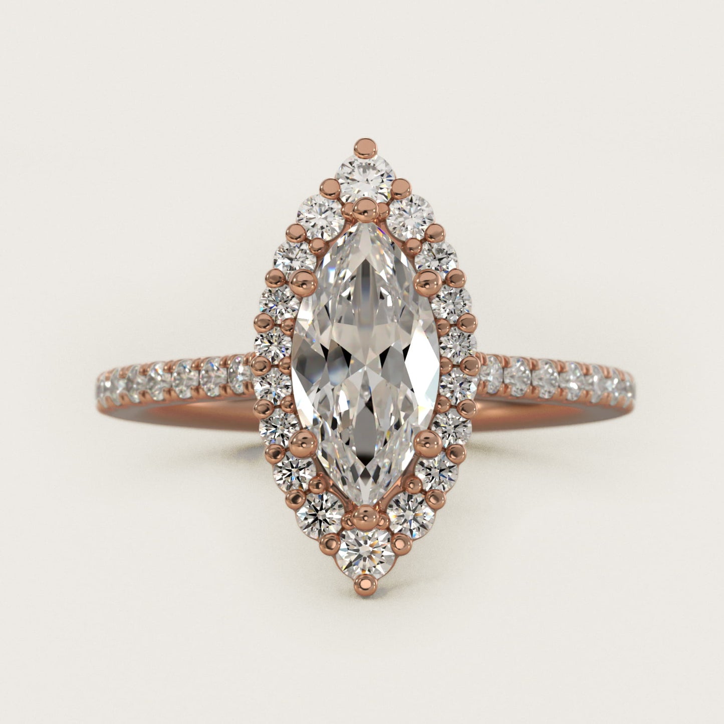 Crescendo Halo Diamond Engagement Ring in 18k Rose Gold - Marquise Center