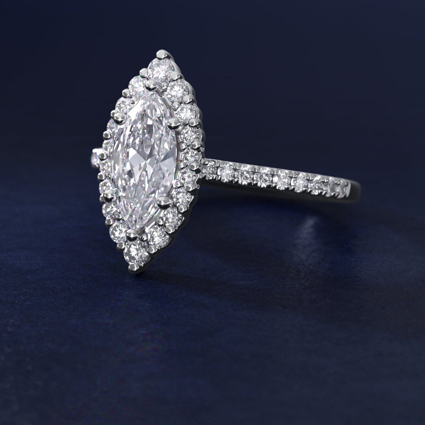 Crescendo Halo Diamond Engagement Ring in 18k White Gold - Marquise Center
