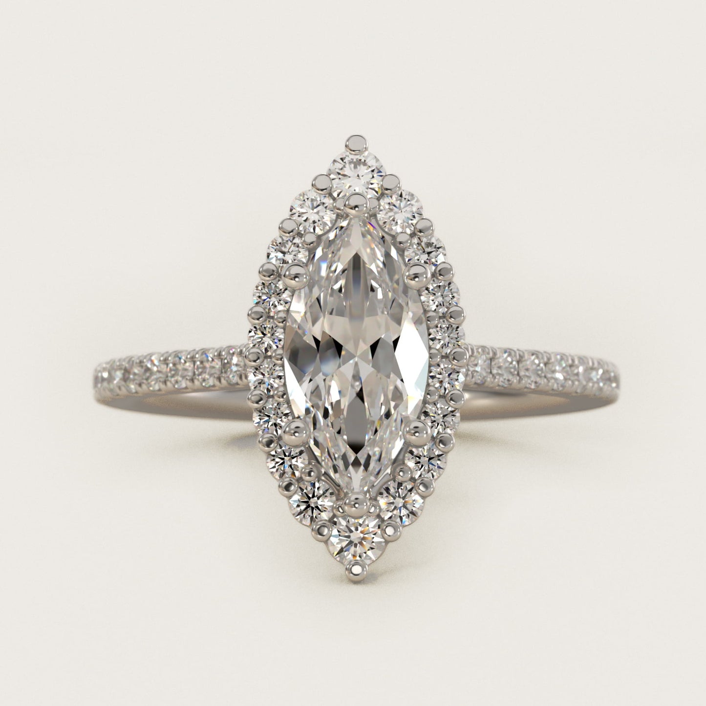 Crescendo Halo Diamond Engagement Ring in 18k White Gold - Marquise Center