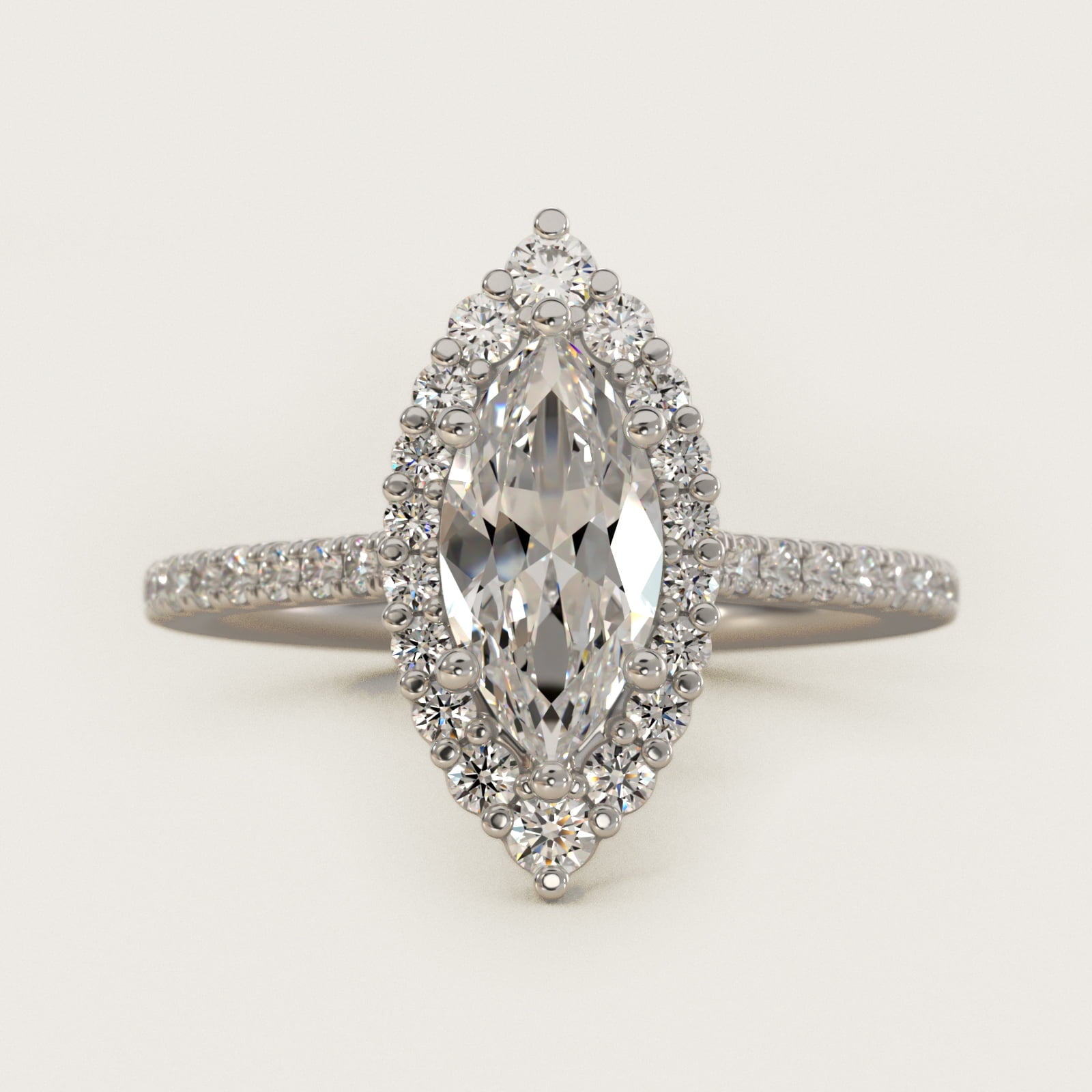 Crescendo Halo Diamond Engagement Ring in 18k White Gold - Marquise Center