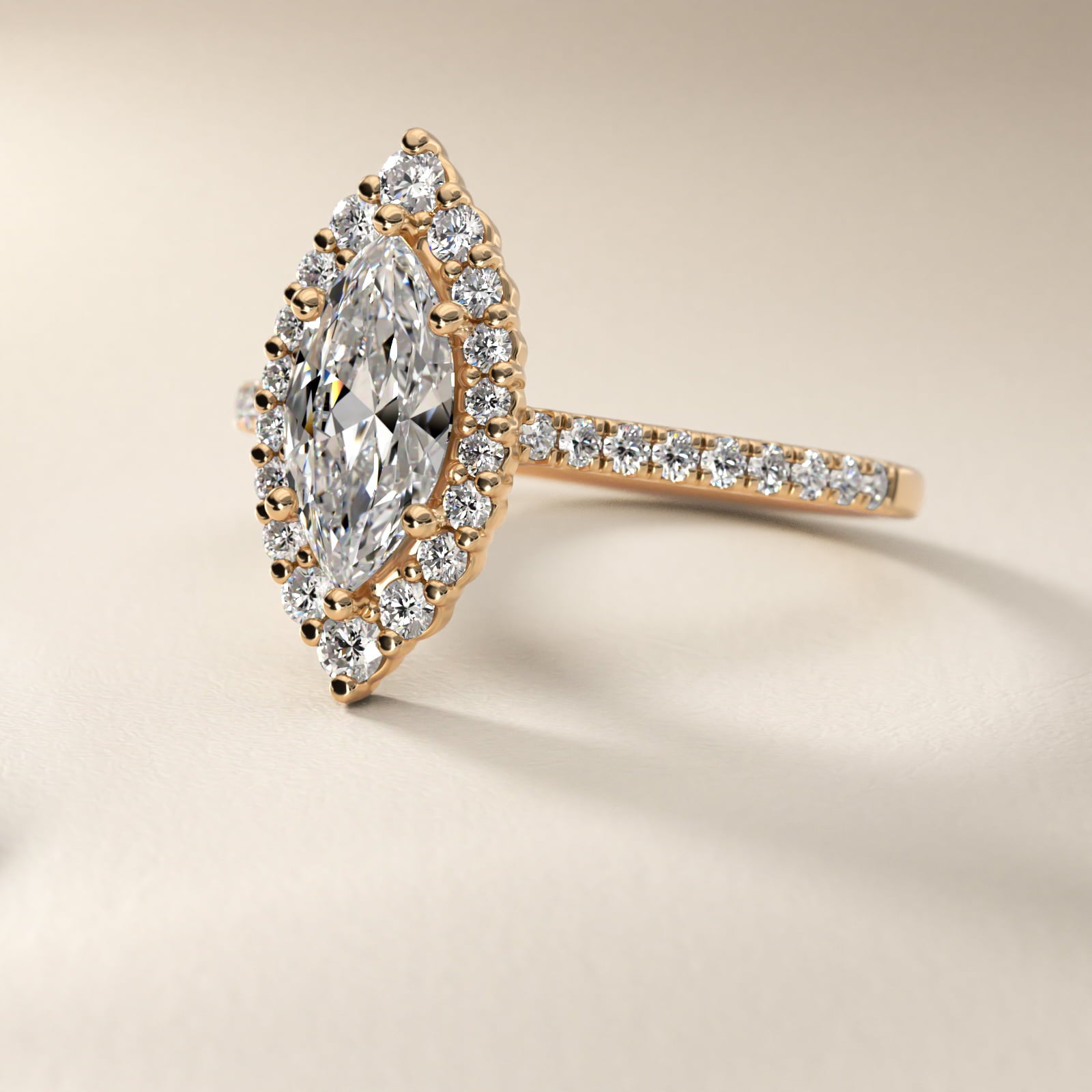 Crescendo Halo Diamond Engagement Ring in 18k Yellow Gold - Marquise Center