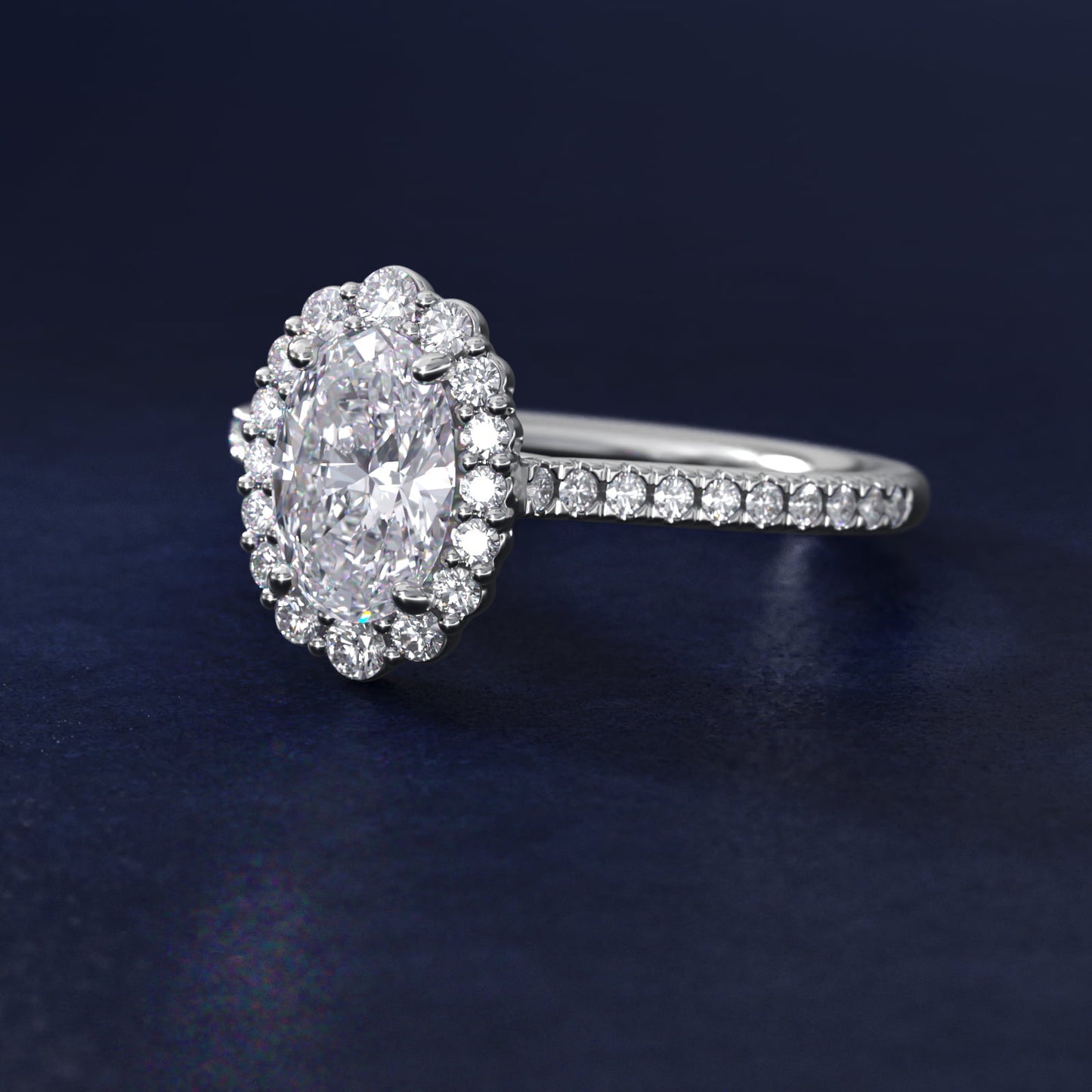Crescendo Halo Diamond Engagement Ring in 14K White Gold - Oval Center